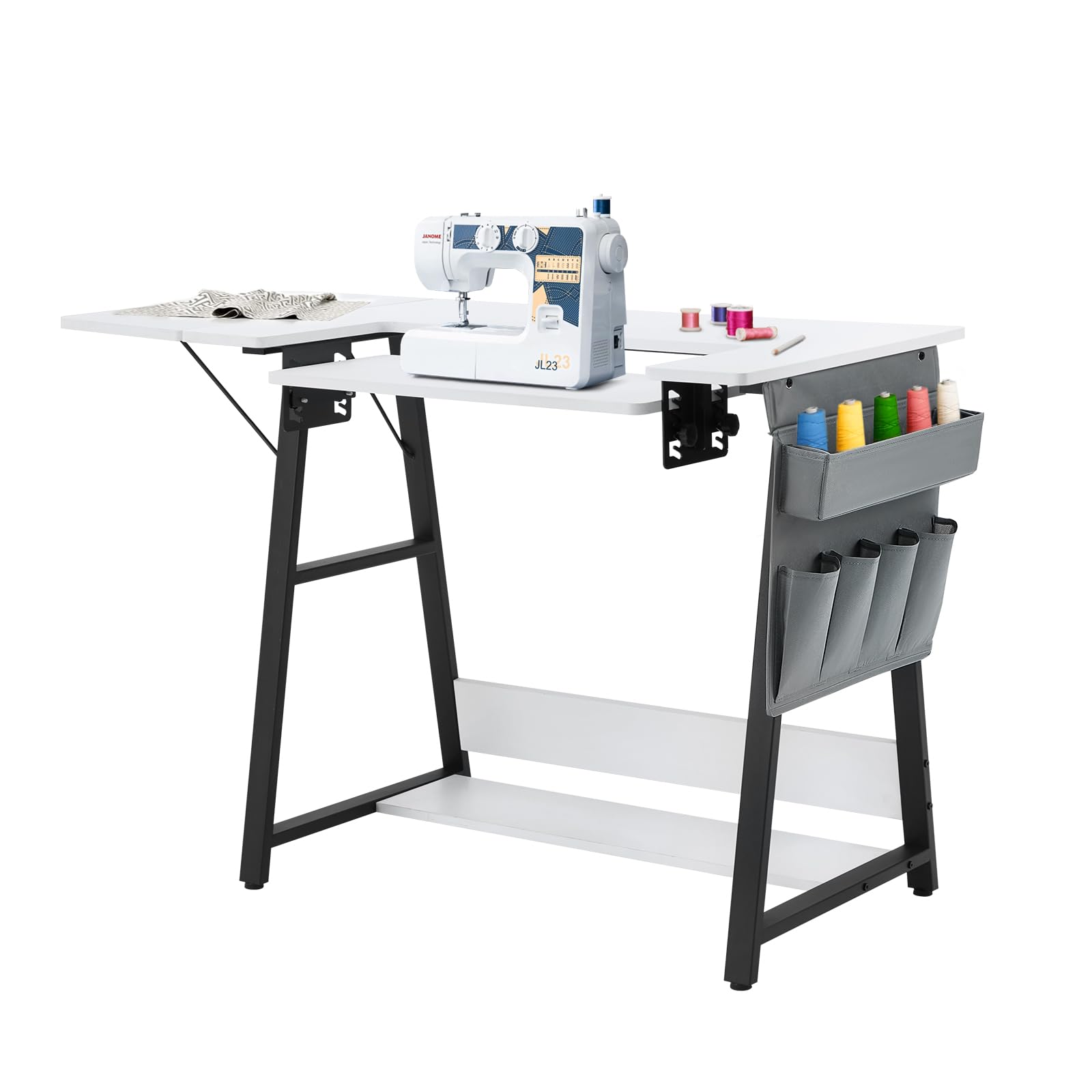 MELLCOM Folding Sewing Table with Adjustable Shelf & Side Pocket - Multi-Purpose Craft Table for Sewing Machines, Hobby Work & Computer Use - Compact White Workstation for Home Office & Craft Room