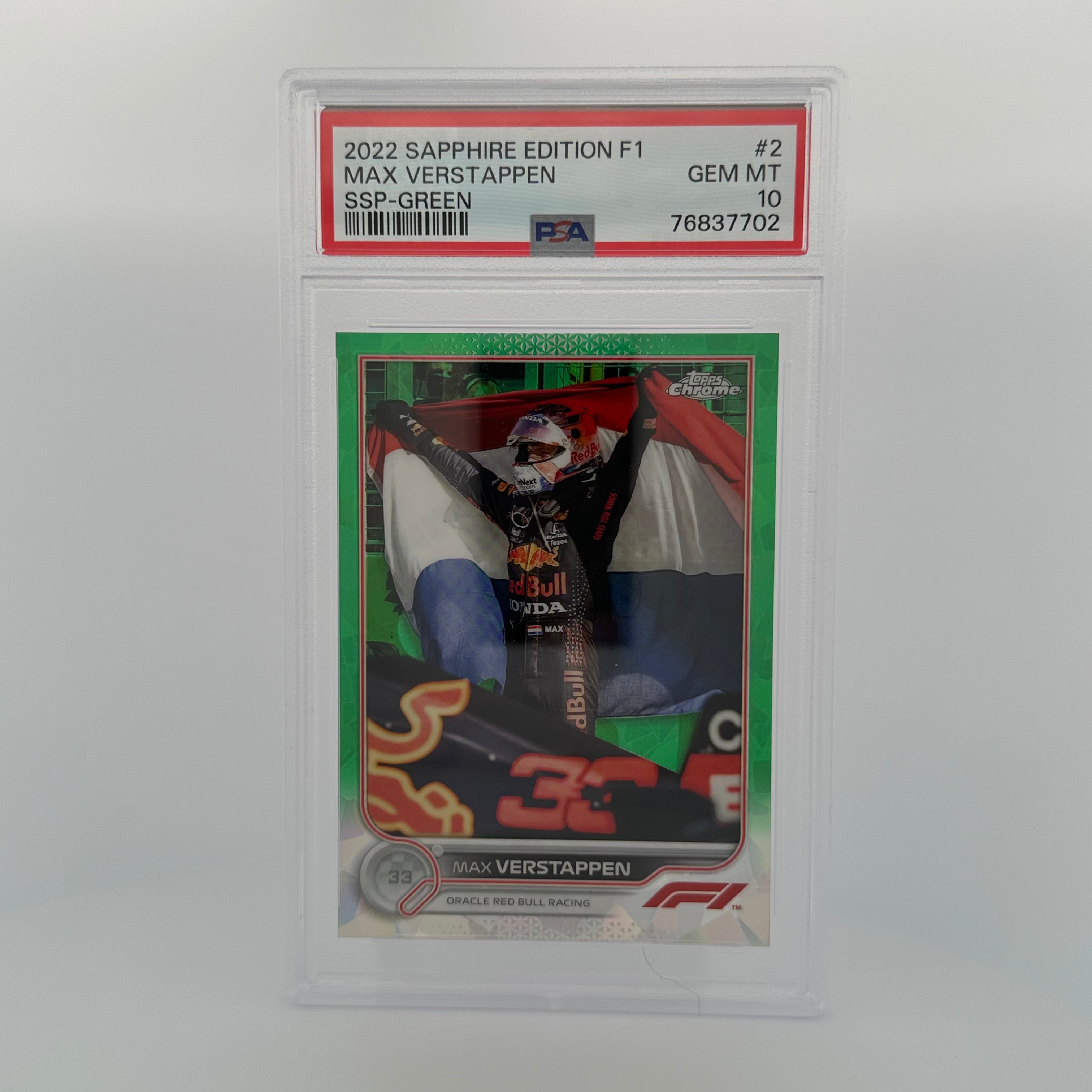 PSA 10 Max Verstappen #2 2023 Sapphire Edition SSP Green /75 - Rare Racing Collectible Card for Fans & Investors