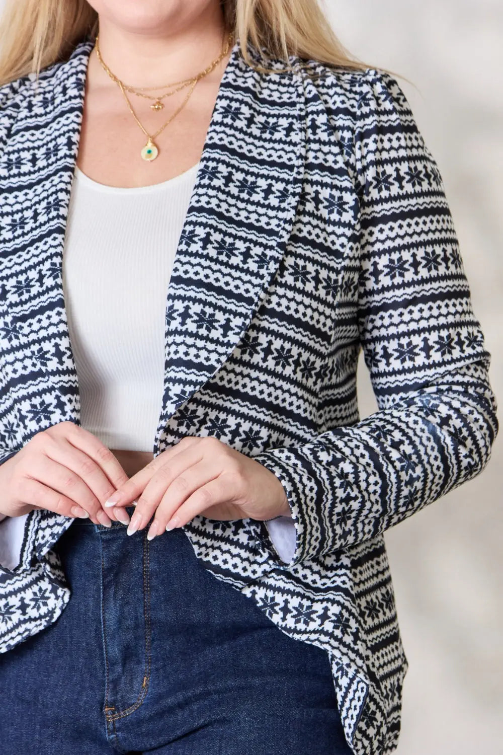 Heimish Full Size Open Front Printed Blazer for Women - Stylish Casual Office Wear & Spring Outerwear