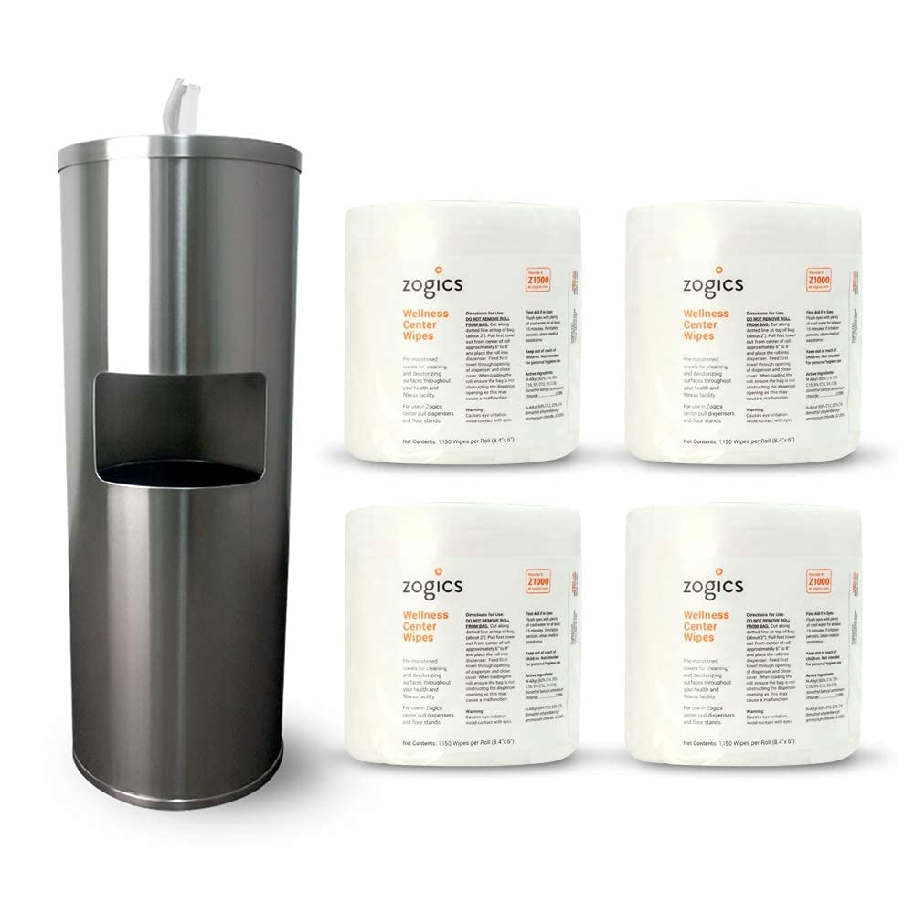 Zogics Disinfecting Cleaning Wipes with Stainless Steel Dispenser & Built-in Trash Can - Sanitizing Wipes for Gym Equipment, Office Desks & Home Surfaces