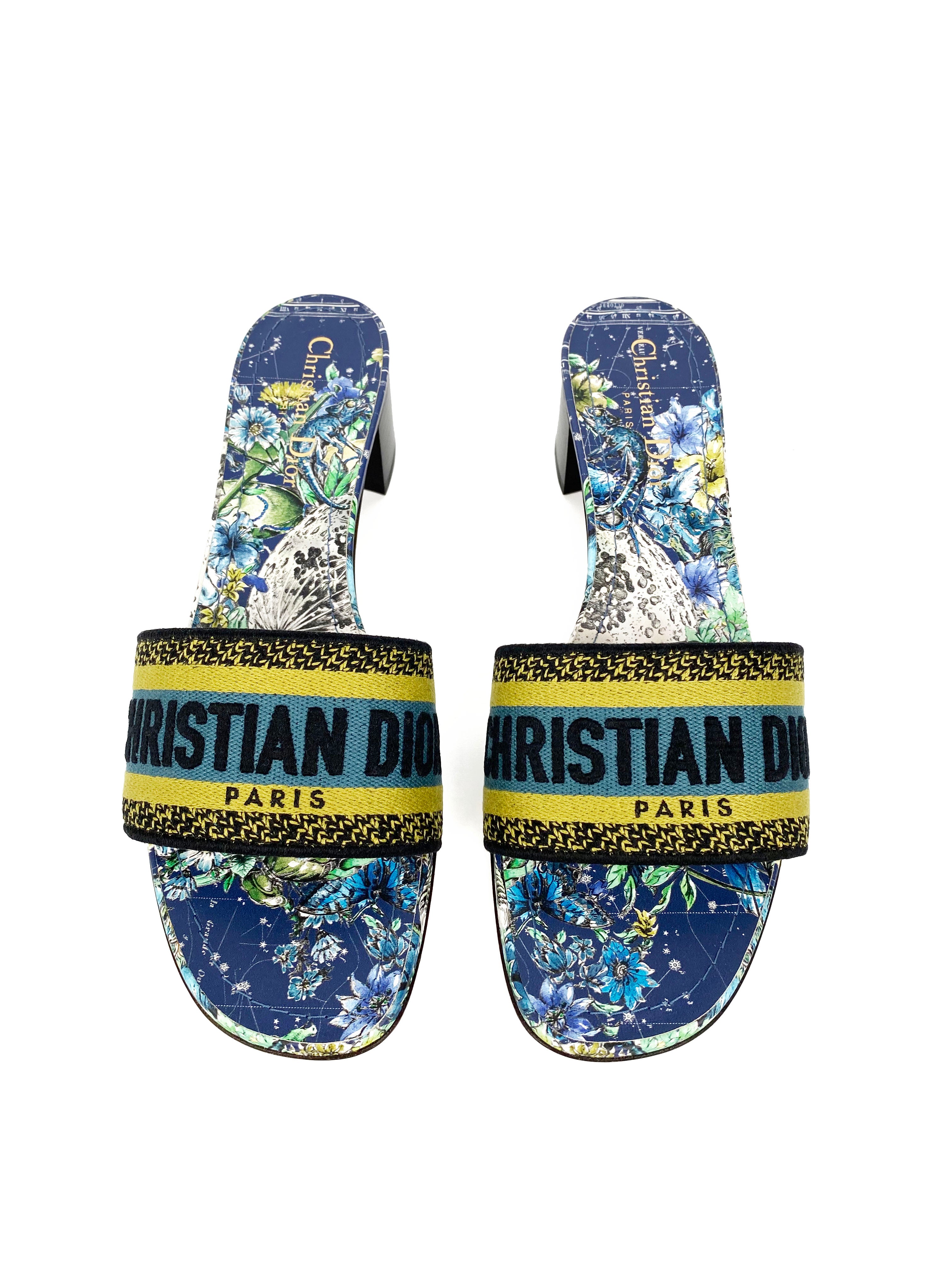 Dior Blue & Green Dway Heeled Slides Size 39 | Luxury Designer Sandals for Women | Perfect for Summer Outings, Beach Vacations & Special Occasions
