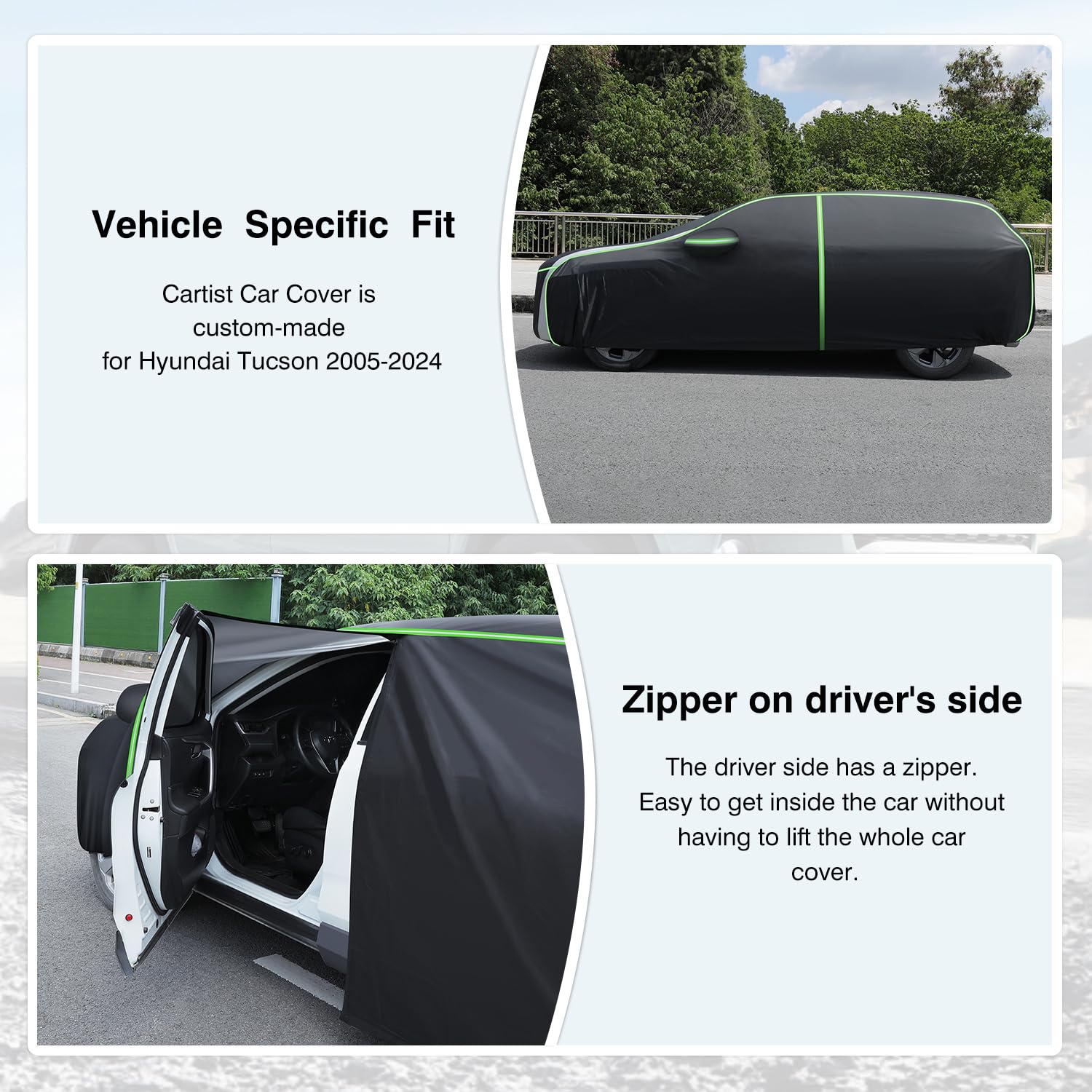 **Cartist Full Car Cover for Hyundai Tucson 2005-2025 - All Weather, Waterproof, UV Protection with Zipper & Reflective Strips - Outdoor Car Accessories for Rain, Snow, and Sun Protection**