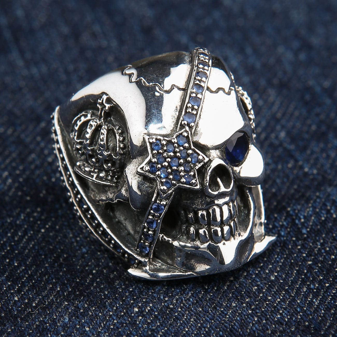 Sterling Silver Sapphire Crown Pirate Skull Ring for Men - Gothic Jewelry, Punk Fashion Accessory, Perfect for Halloween Costume, Cosplay, and Unique Gift Giving