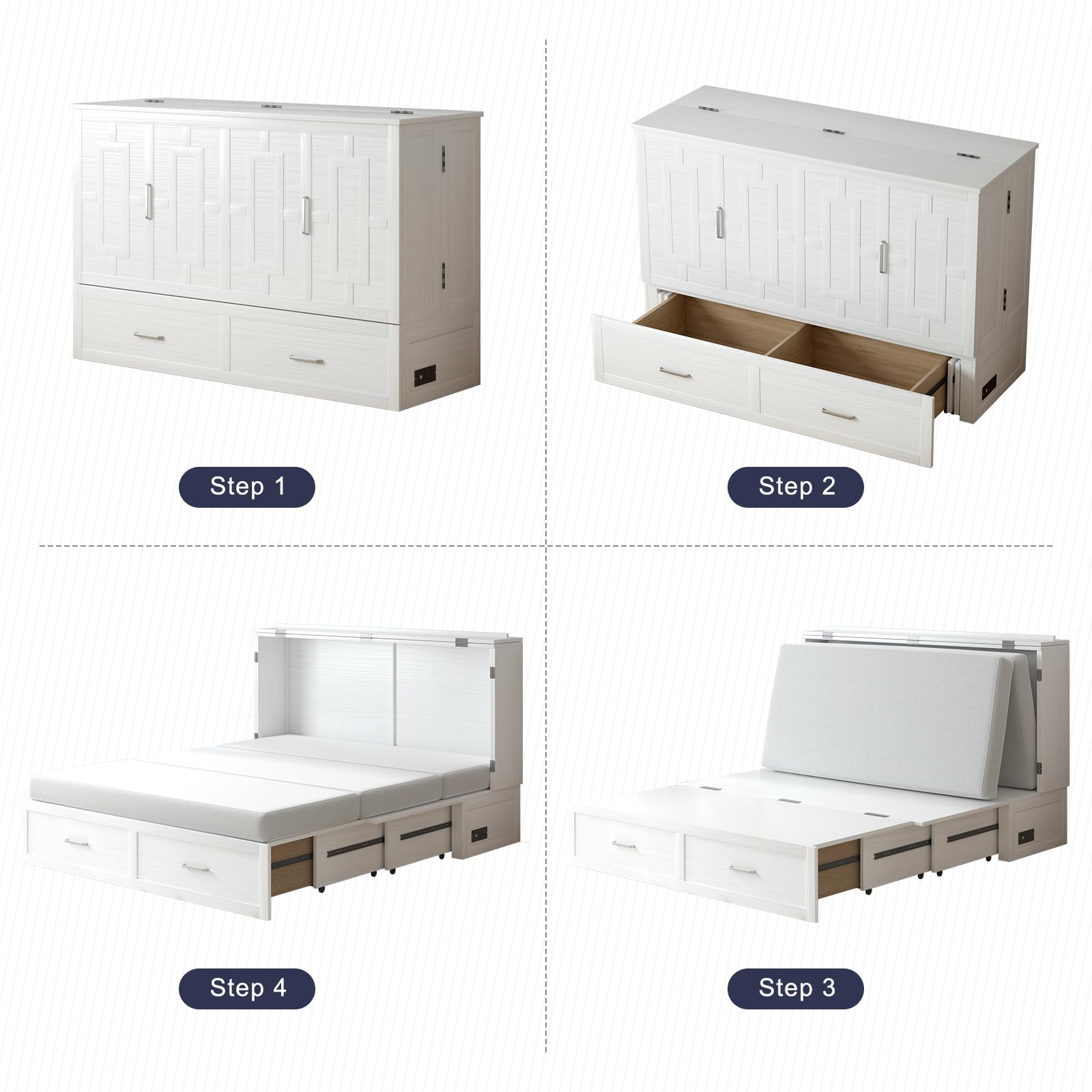ijuicy Murphy Bed - Queen Size Wall Bed with Foldable Memory Foam Mattress, USB Charging Ports & 2 Large Storage Drawers | Space-Saving Cabinet Bed for Small Apartments, Guest Rooms & Home Offices (White)