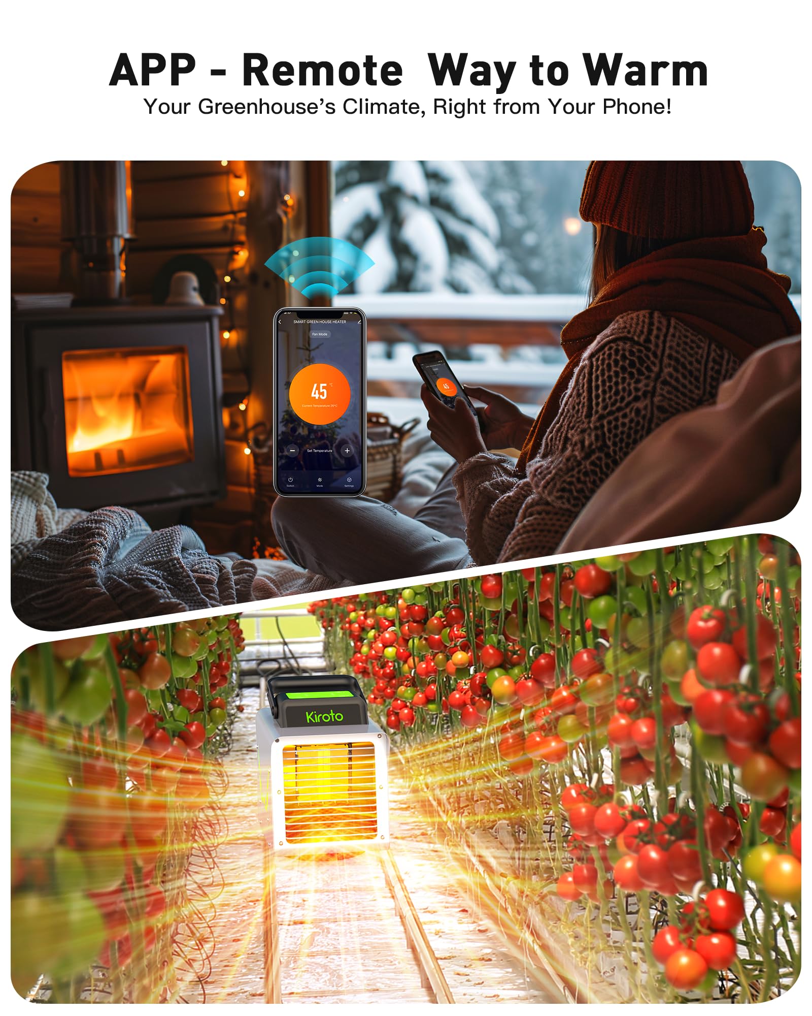 1500W Smart Greenhouse Heater with Thermostat & APP Remote Control - Portable Electric Heater for Plants, Vegetables, Flowers - Safe Indoor/Outdoor Use for Greenhouses, Grow Tents, Garages, and Home Gardens