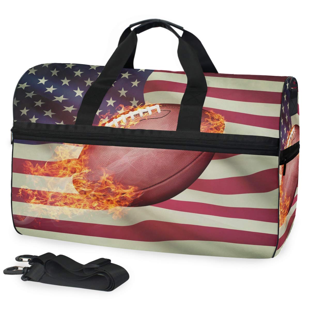 USA Flag American Football Travel Duffel Bag for Women & Men - Sport Gym Bag with Shoe Compartment - Perfect for Overnight Trips, Weekend Getaways & Sports Events