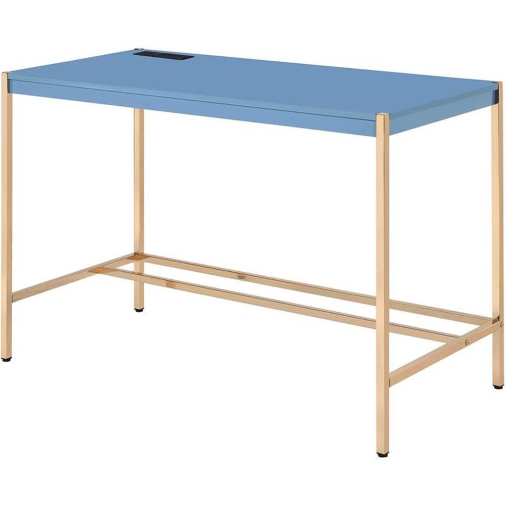 Acme Midriaks Wooden Writing Desk with USB Port - Navy Blue & Gold Finish, Home Office Desk for Study, Work & Gaming - Compact & Stylish Workspace Solution