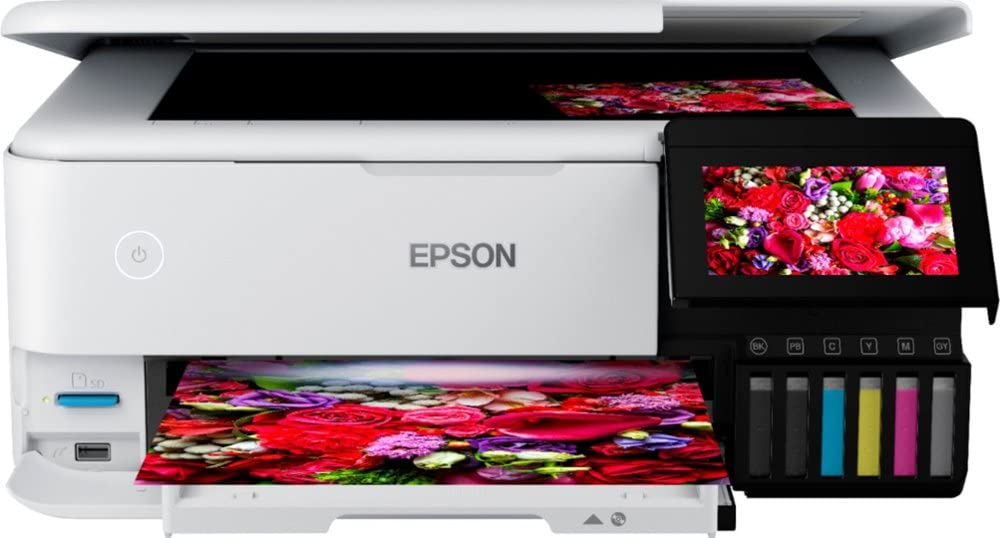 Epson EcoTank ET-8500 Wireless All-in-One Supertank Printer - Scanner, Copier, Fax - Auto 2-Sided Printing - High-Quality Photo & Document Printing - White - Includes Printer Cable - Perfect for Home Office & Small Business Use