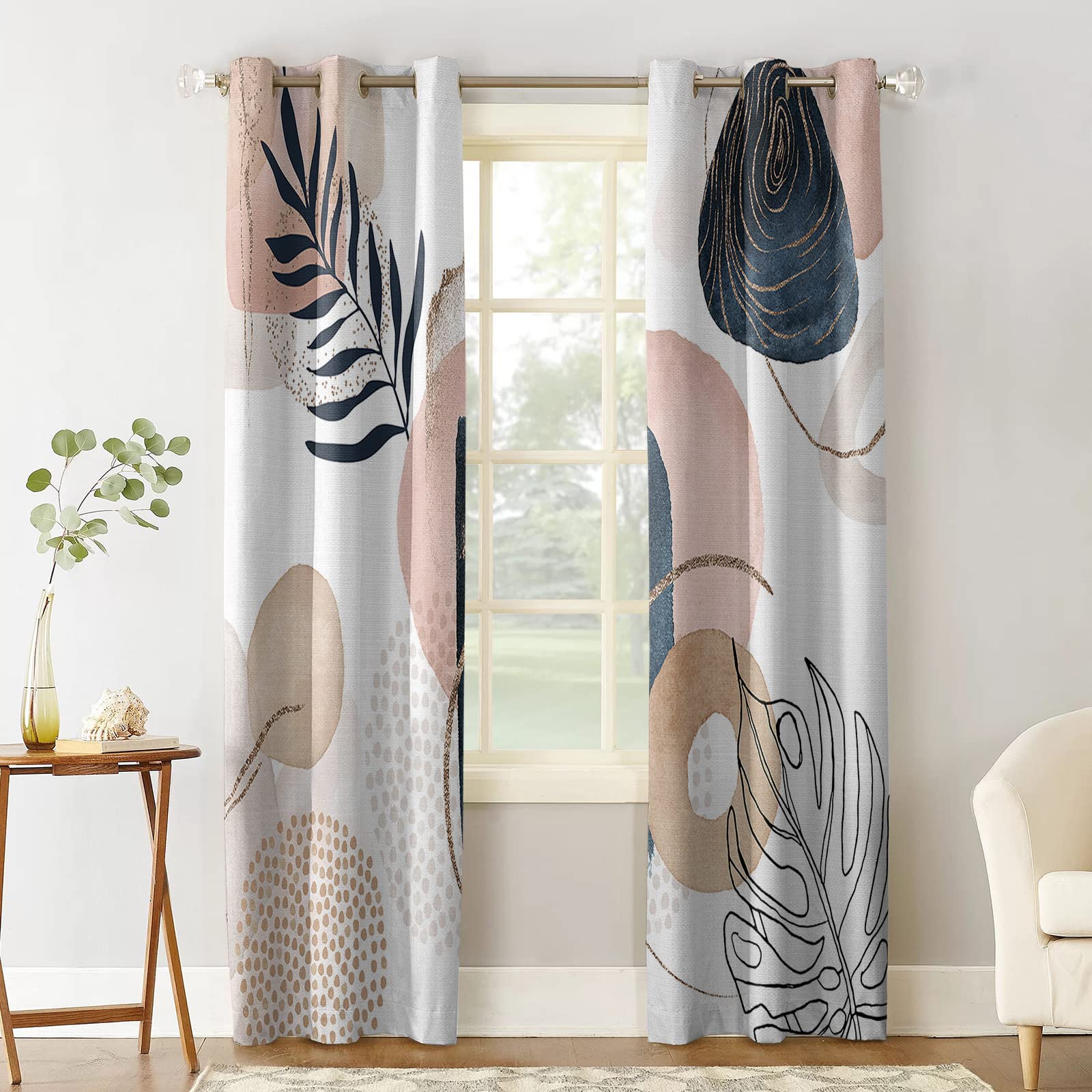 Mid Century Modern Geometric Floral Blackout Curtains - Pink & Navy Blue Thermal Insulated Room Darkening Drapes for Living Room & Bedroom (2 Panels, 52x72 Inches) - Perfect for Home Decor, Sun Protection & Energy Efficiency