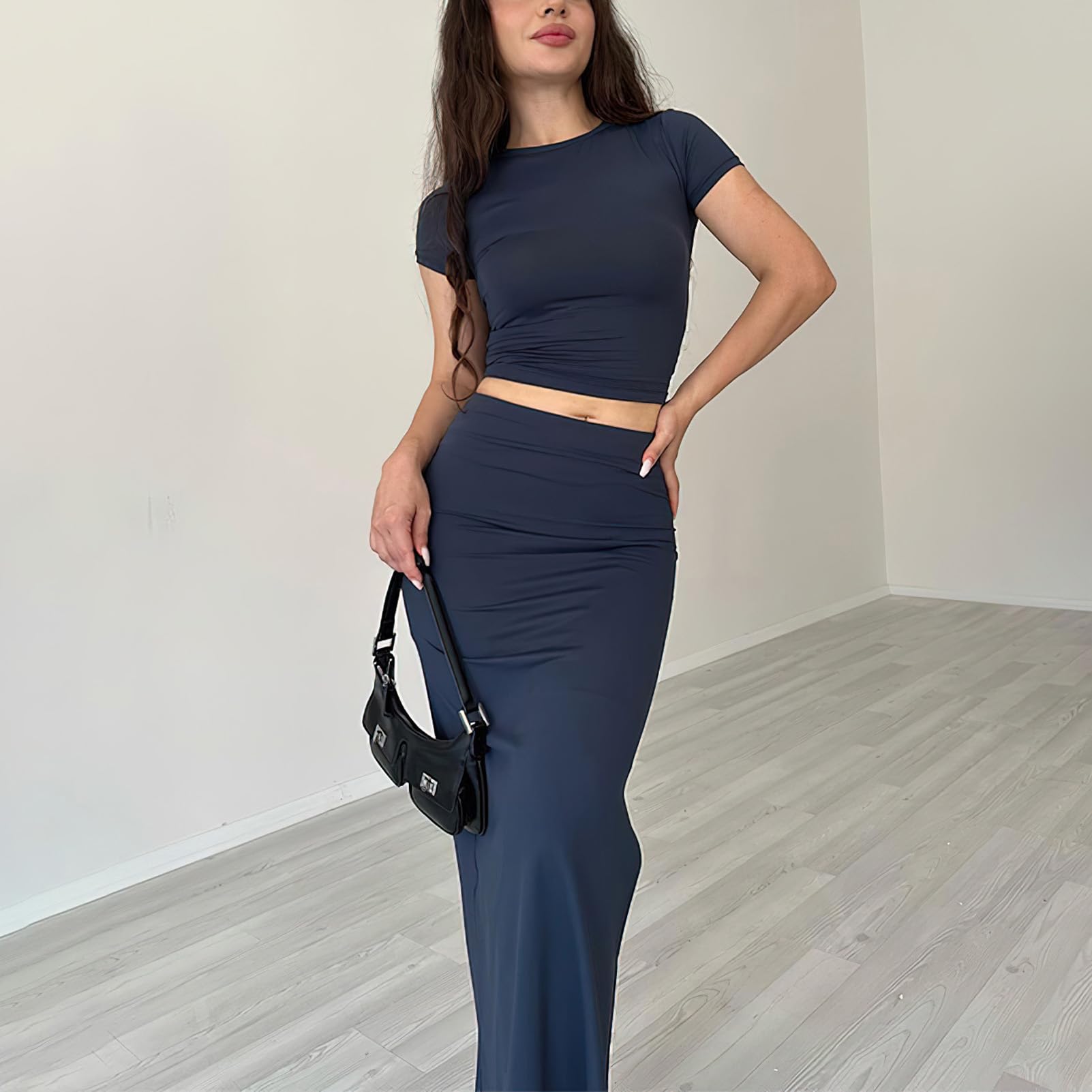 Women's 2 Piece Maxi Skirt Set - Bodycon Crop T-Shirt & High Slit Dress for Summer | Beach Vacation, Date Night, Party Outfits