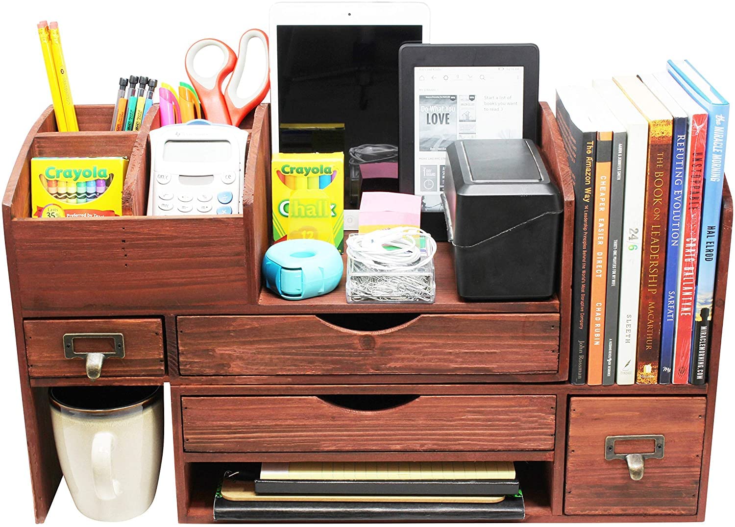 Premium Adjustable Wooden Desk Organizer - Cherry Wood Storage Shelf for Office Supplies, Mail & Accessories - Perfect for Home Office, Workspace & Countertop Organization