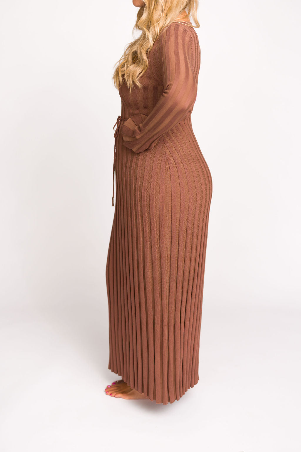 Hadley Long Sleeve V Neck Knit Maxi Dress for Women - Cocoa Brown Elegant Flowy Dress for Fall Winter, Perfect for Office, Date Night & Holiday Parties