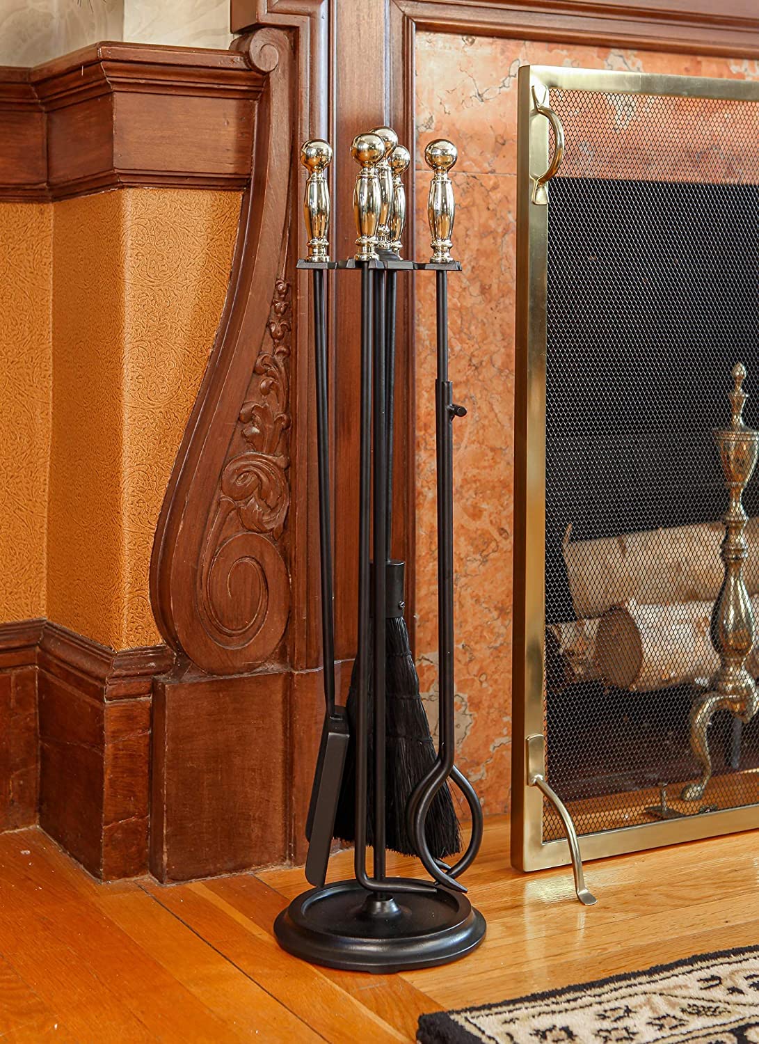 Premium Brass Fireplace Tool Set - 5-Piece Poker, Shovel, Brush, Tongs & Stand - Heavy Duty & Rust-Resistant for Indoor & Outdoor Fire Pits, Wood Stoves & Fireplaces