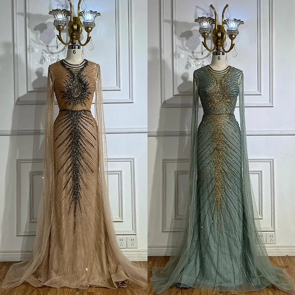 Elegant Caramel Beaded Evening Gown with Cape Sleeves - LA72940 | Formal Party Dress for Women | Perfect for Galas, Weddings & Red Carpet Events