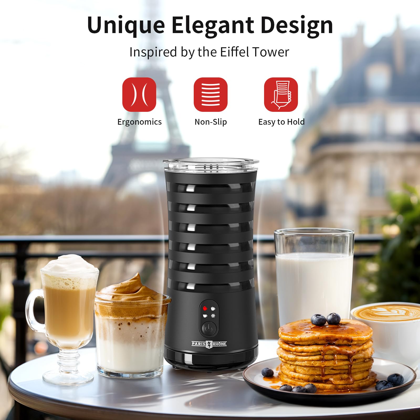 Paris Rhône 4-in-1 Electric Milk Frother & Steamer - Hot & Cold Foam Maker with Temperature Control & Auto Shut-Off - Perfect for Coffee, Latte, Cappuccino, Macchiato - Ideal for Home Baristas & Coffee Lovers