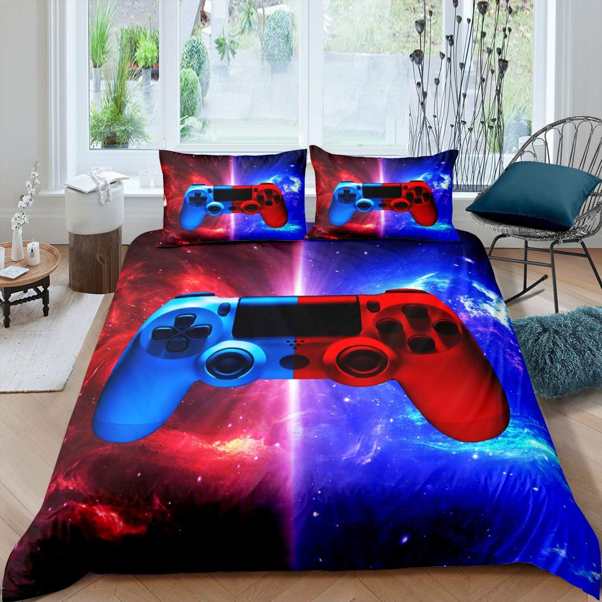 Gamer Bedding Set - Video Game Controller Duvet Cover with Pillowcase for Boys, Girls, Teens | Twin Size Galaxy Print Comforter in Red & Blue | Perfect for Gaming Room Decor & Sleepovers