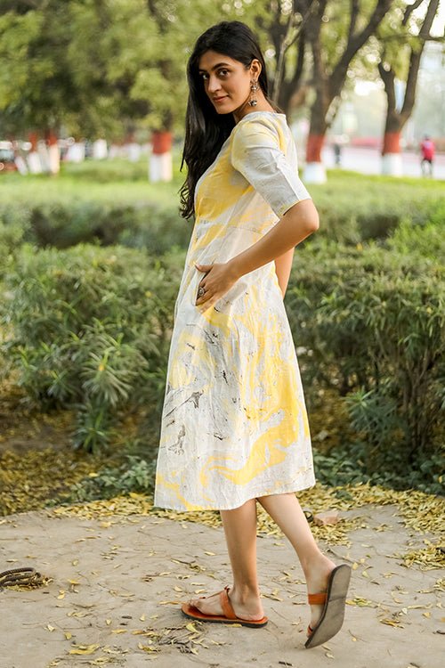 Handmade Marble Printed Pure Cotton Dress 'Lemonade' - Perfect for Summer Outings, Beach Vacations & Casual Wear