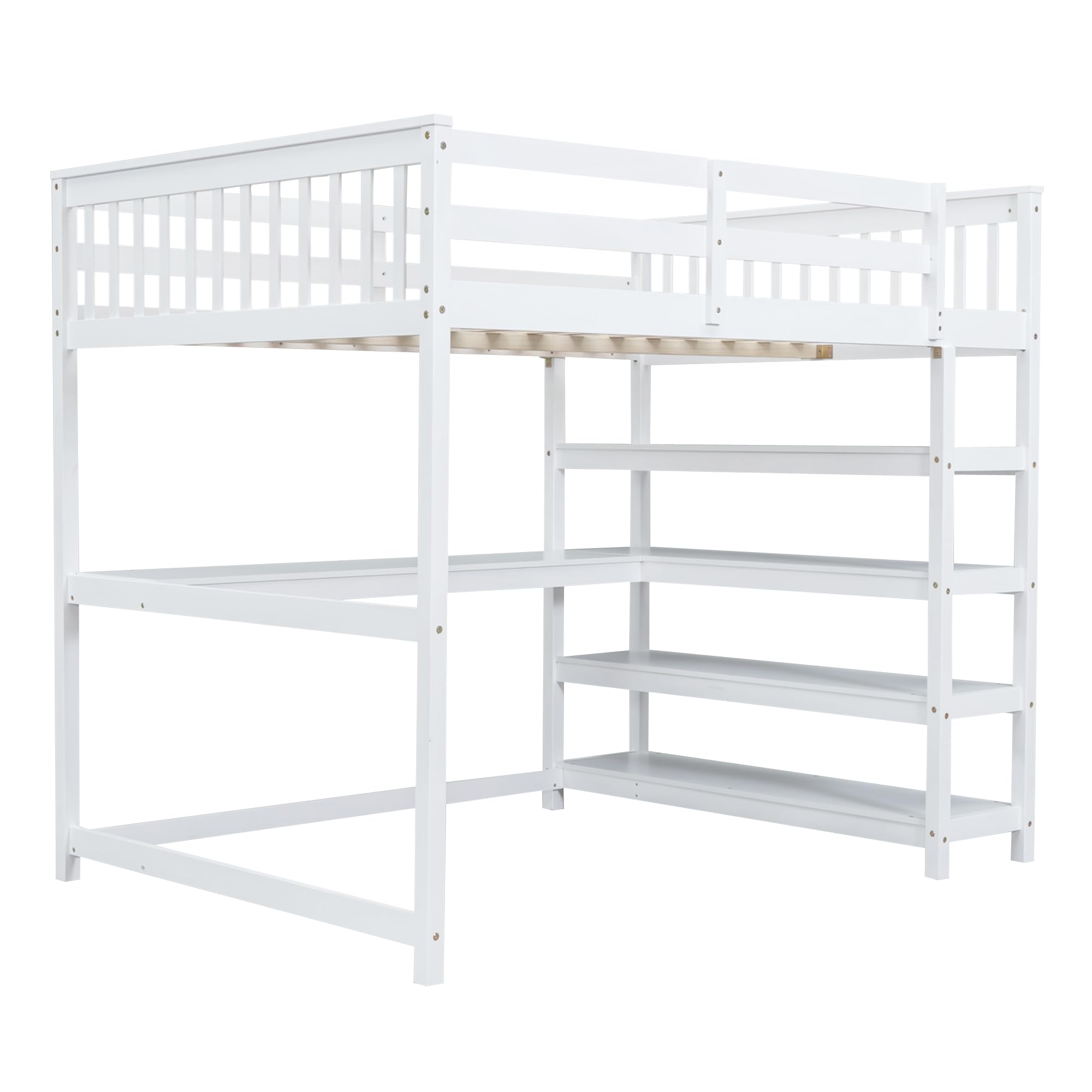 Merax Twin Size Wood Loft Bed with Built-in Desk & 4 Storage Shelves - Solid White Wooden Study Bed for Small Spaces, Dorm Rooms & Kids Bedrooms