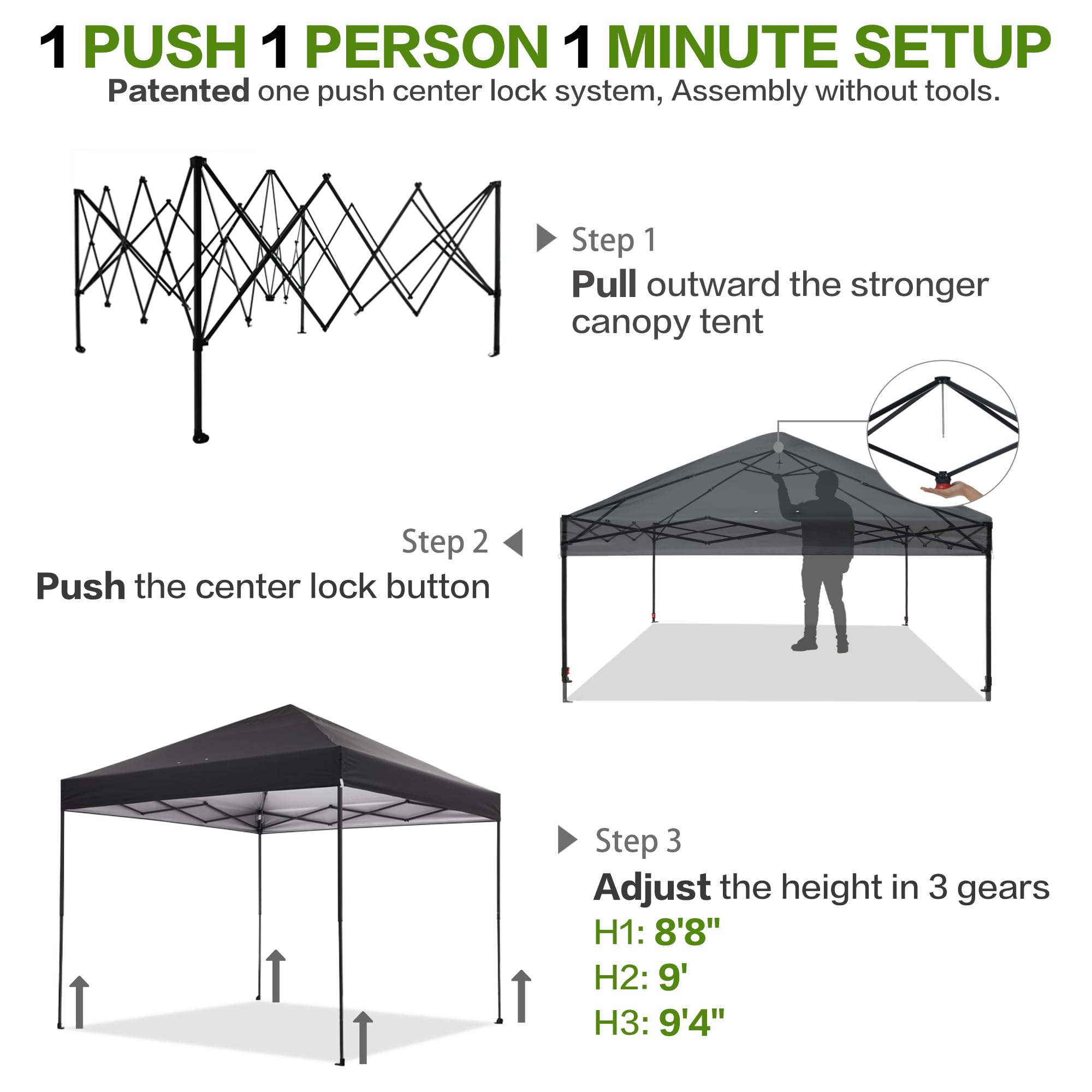 10'x10' Pop Up Canopy Tent with Half Sidewall - Easy 1-Person Setup Instant Shade Shelter for Outdoor Events, Beach, Camping & Parties - Includes Wheeled Carry Bag, Stakes, 4 Ropes & 4 Sandbags (Black) - Perfect for Backyard BBQs, Tailgating & Farmers Markets