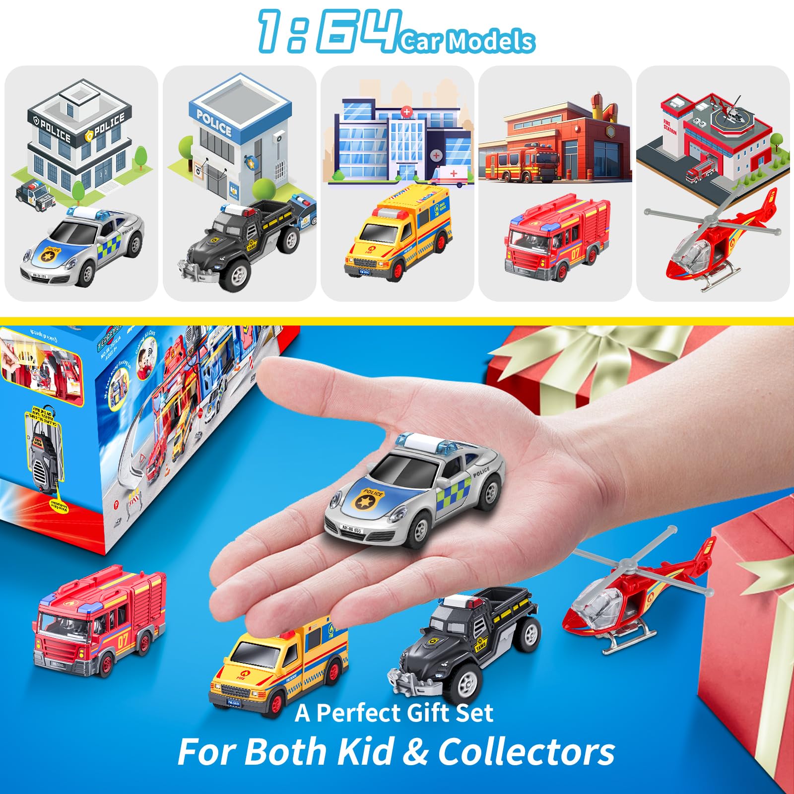 29.5'' Large City Action Rescue Vehicle Playset with Lights & Sounds - Police & Fire Station Transform Track with 4 Cars & Helicopter - STEM Learning Toys for 3-6 Year Old Boys & Girls - Perfect for Birthday Gifts & Pretend Play Scenarios