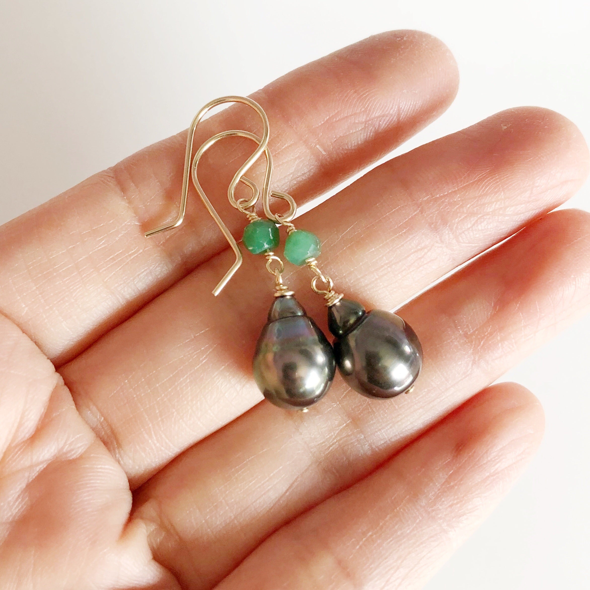 Exquisite Tahitian Pearl Dangle Earrings with Emerald Accents (E490) - Perfect for Weddings, Parties & Special Occasions