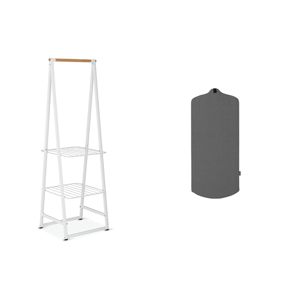 Brabantia Linn Small Free Standing Clothes Rack & Steam Board Set - White Clothes Rail with Removable Steamer Accessory - Heat Resistant Pepper Black Ironing Board for Bedroom, Laundry Room & Small Spaces