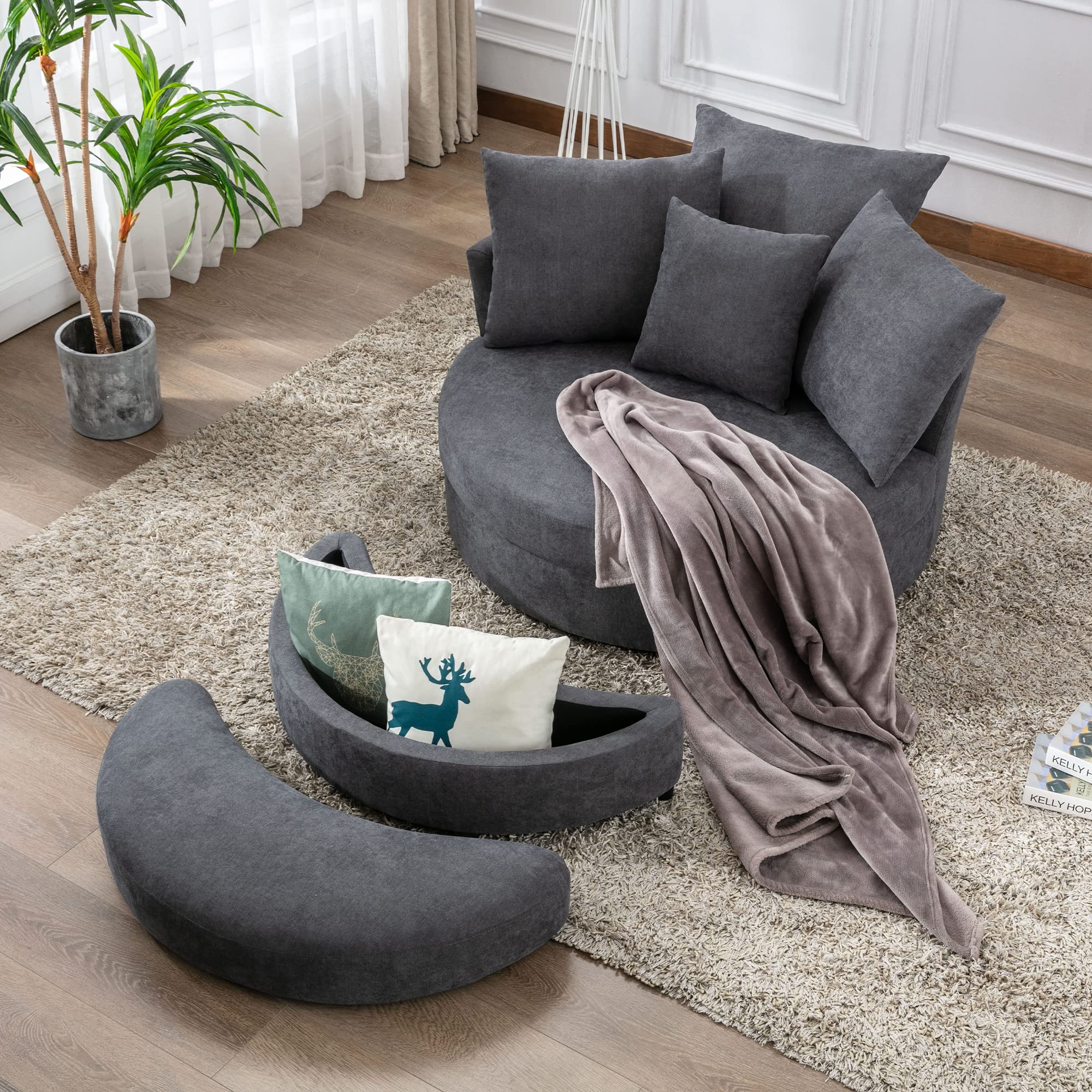 360° Swivel Barrel Chair with Storage Ottoman - Modern Accent Sofa with 4 Removable Pillows, Round Lounge Chair in Linen Fabric for Living Room, Bedroom & Hotel Use - Dark Gray Home Decor & Reading Nook Essential