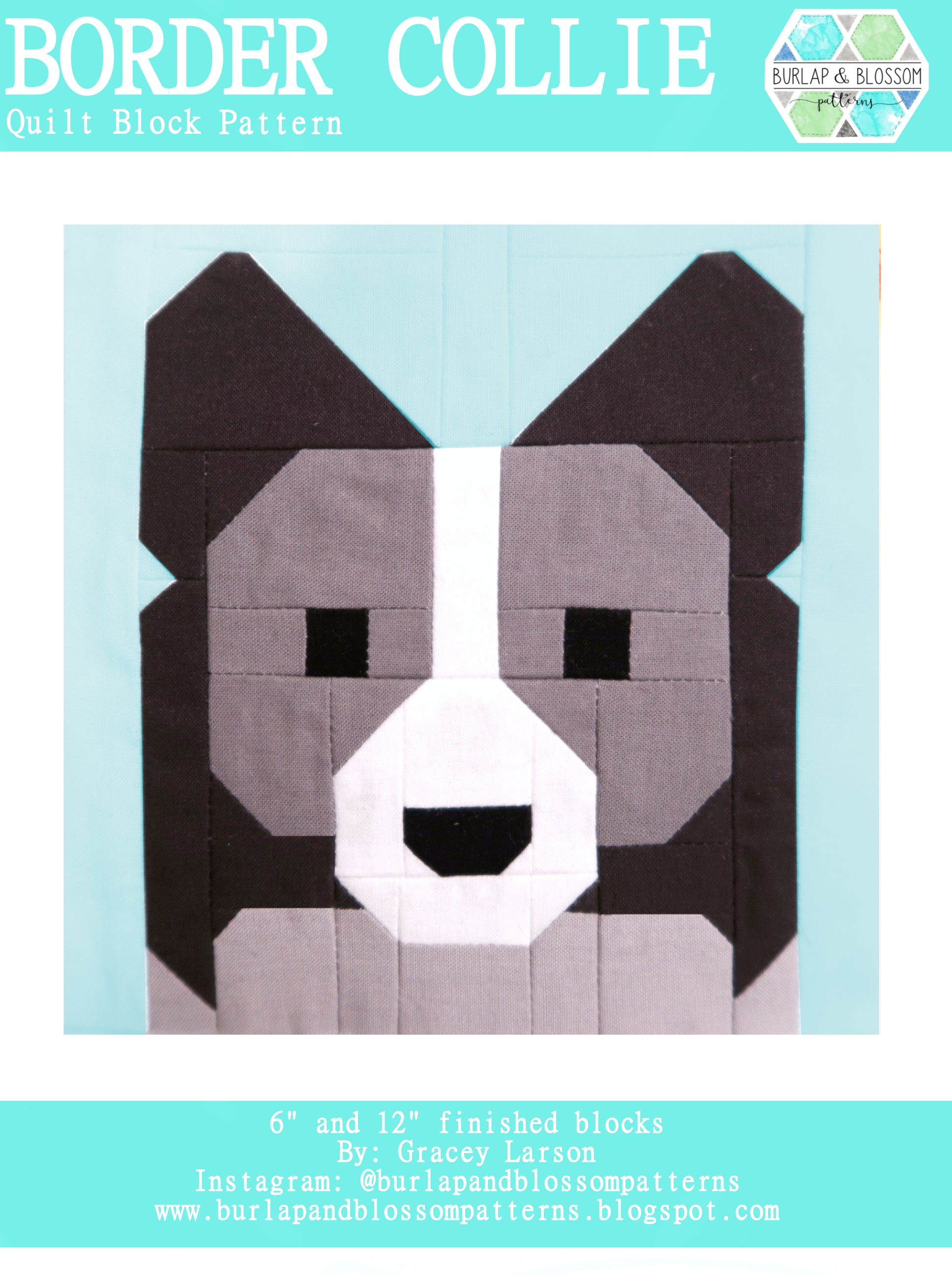 Burlap and Blossom Border Collie Dog Quilt Block Pattern - Digital Download PDF for DIY Dog Lover Quilting Projects, Home Decor & Craft Gifts