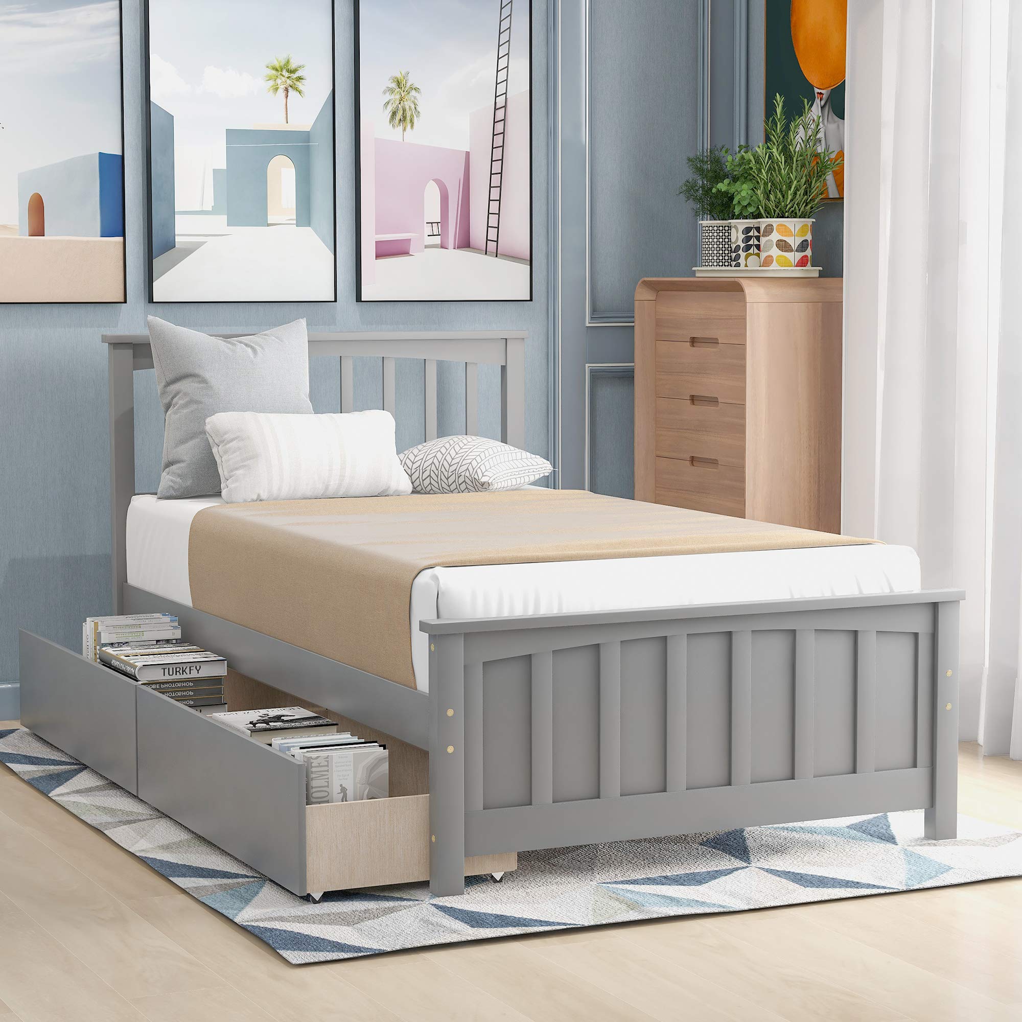 Twin Size Solid Wood Platform Bed Frame with 2 Storage Drawers & Headboard - No Box Spring Needed - Grey - Perfect for Kids Bedroom, Guest Room or Small Space