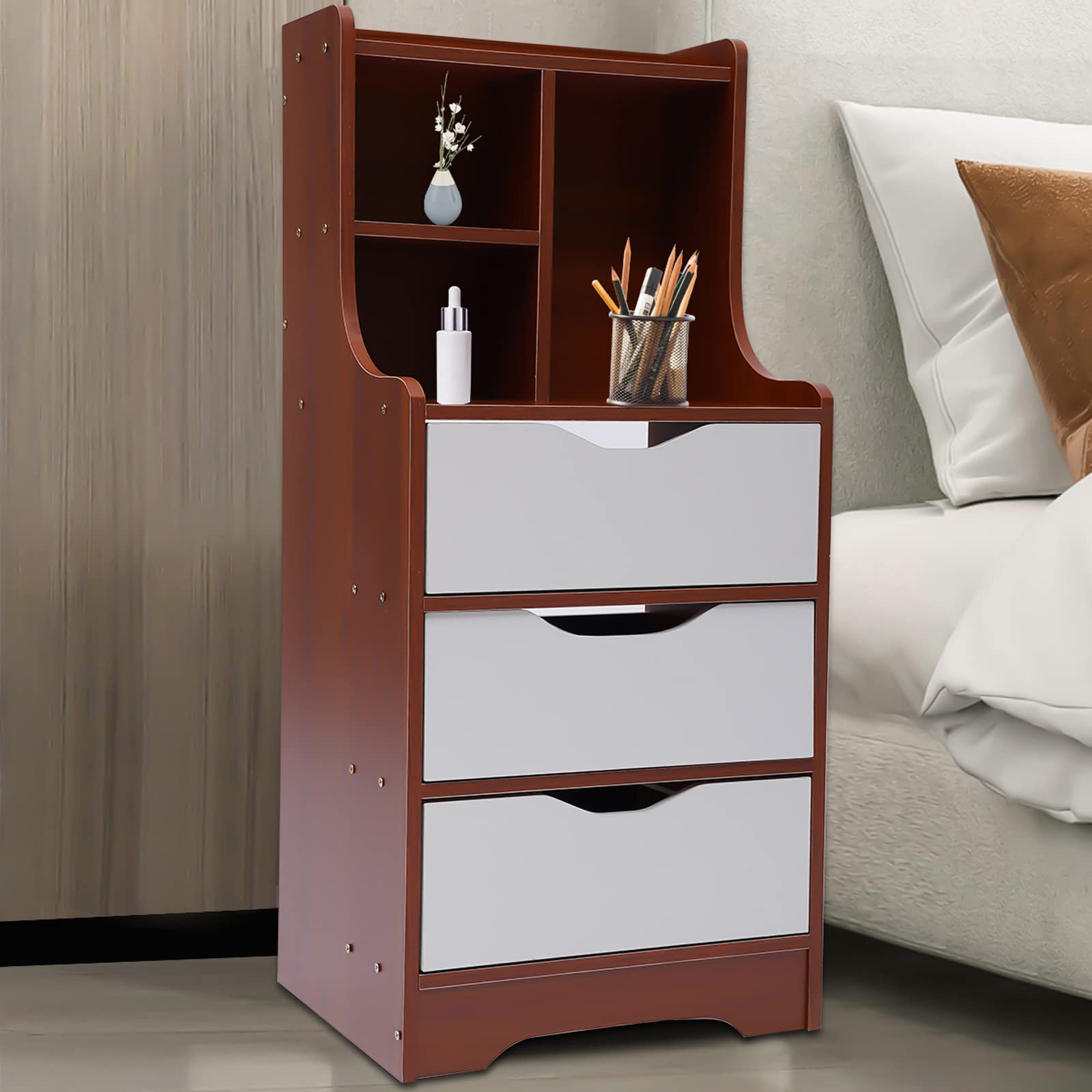 Modern Nightstand with 3 Drawers & Open Shelf - Bedside Table with Storage for Bedroom, Dorm, Apartment - Easy Assembly Wooden Side Cabinet - Perfect for Reading Lamps, Books & Bedroom Organization
