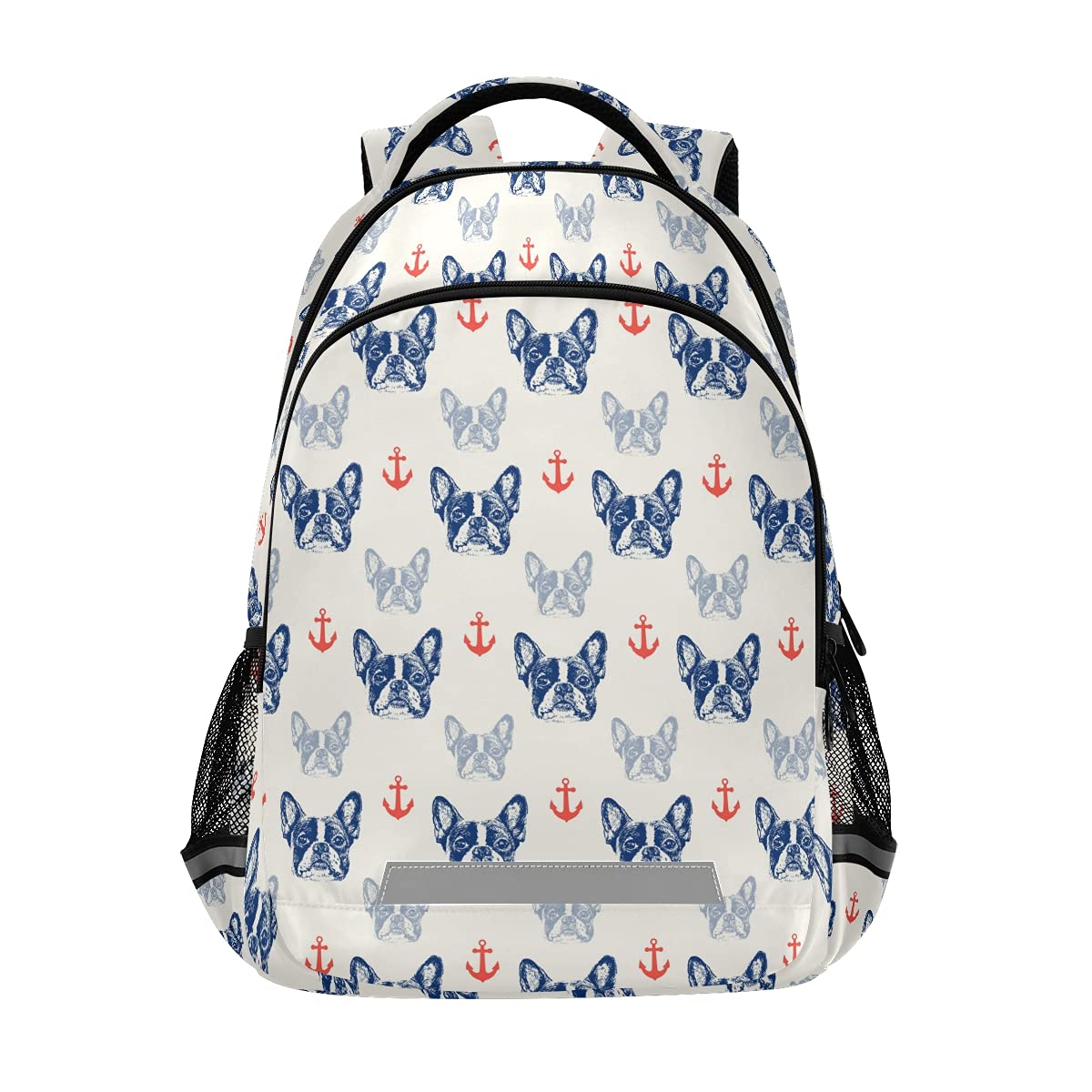 Stylish French Bulldog & Anchor Print Laptop Backpack with Chest Strap - Durable School, Travel & Hiking Backpack for Boys & Girls - Perfect for College, Commuting & Outdoor Adventures
