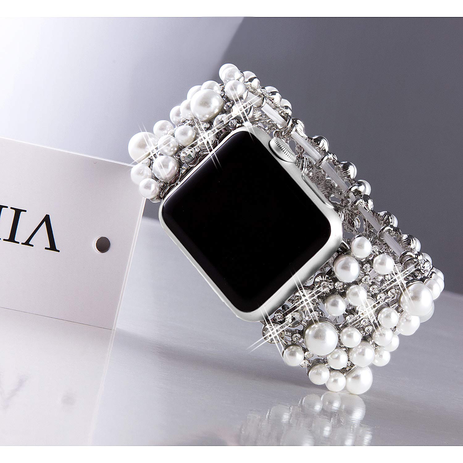 VIQIV Bling Bands Compatible with Apple Watch 38mm 40mm 41mm 42mm 44mm 45mm 49mm - Diamond Rhinestone Metal Pearl Bracelet Strap for Women - Perfect for Parties, Weddings, and Everyday Fashion Accessories