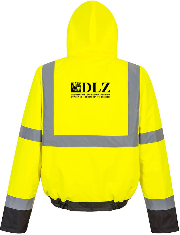 DLZ Logo High Visibility Contrast Winter Bomber Jacket - Yellow/Black - Warm Reflective Safety Jacket for Outdoor Work & Winter Sports