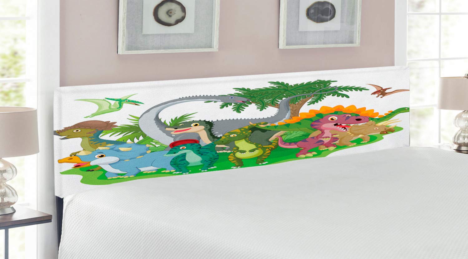 Ambesonne Jurassic Dinosaur Headboard - Colorful Cartoon Dino Design with Memory Foam, Upholstered Metal Bed Frame for King Size Beds | Fun Kids Room Decor, Unique Bedroom Furniture for Dinosaur Lovers