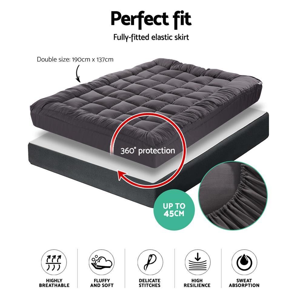 Premium 1000GSM Double Mattress Topper - Charcoal Microfiber with Bamboo Fiber Filling | Cooling & Supportive Pillowtop Protector for Back Pain Relief | Ideal for Guest Beds, Dorm Rooms & Master Bedrooms