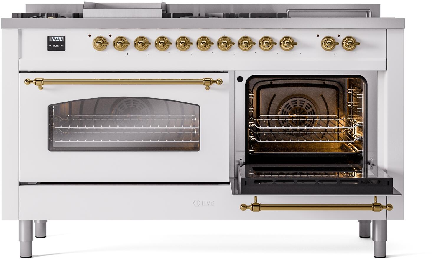 ILVE Nostalgie II 60-Inch Dual Fuel Range with Liquid Propane - White with Brass Trim (UP60FSNMPWHGLP) | Professional Gas Stove for Home Kitchen, Baking & Cooking