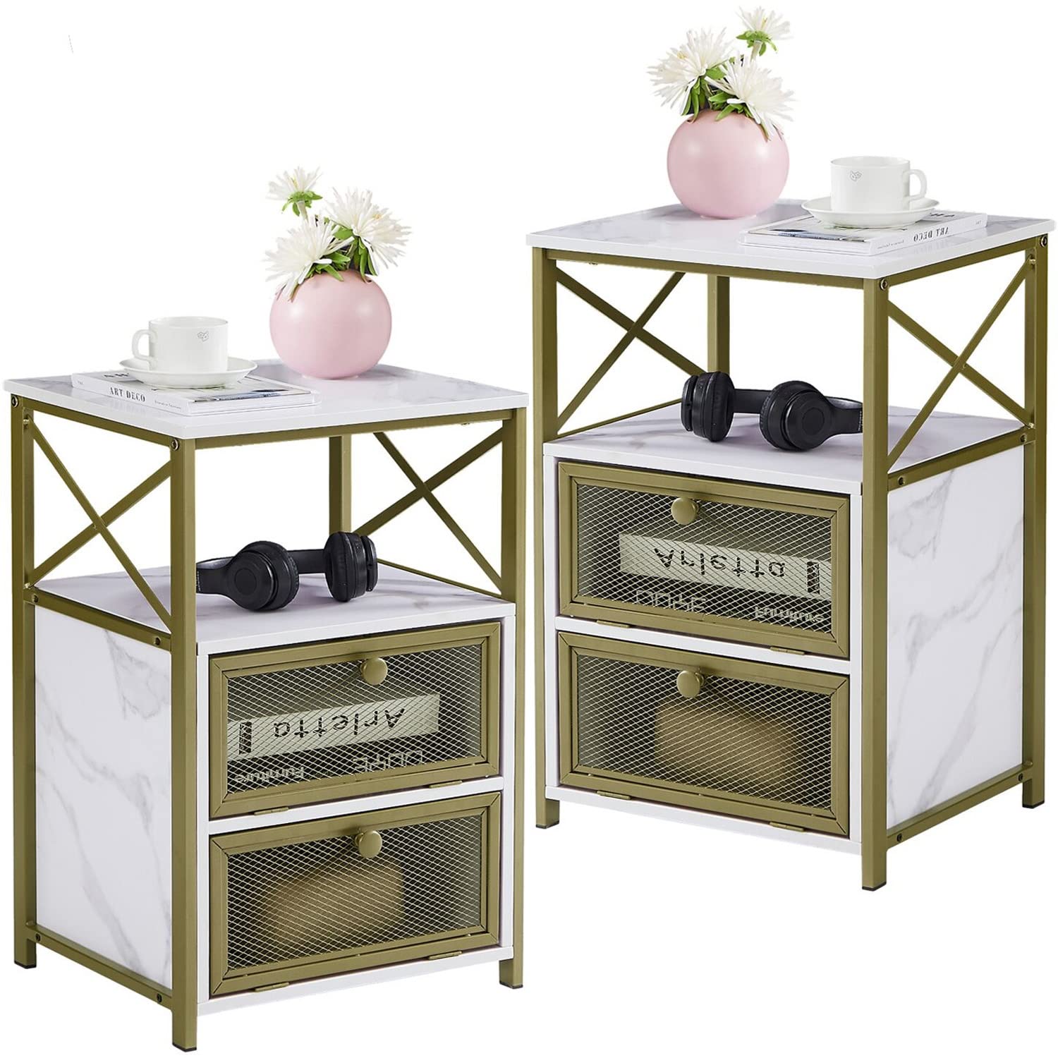 VECELO Modern Night Stand with Storage & Drawer - X-Design End Table for Bedroom, Living Room, Office - Gold Finish (Set of 2) - Perfect for Small Spaces & Apartment Decor