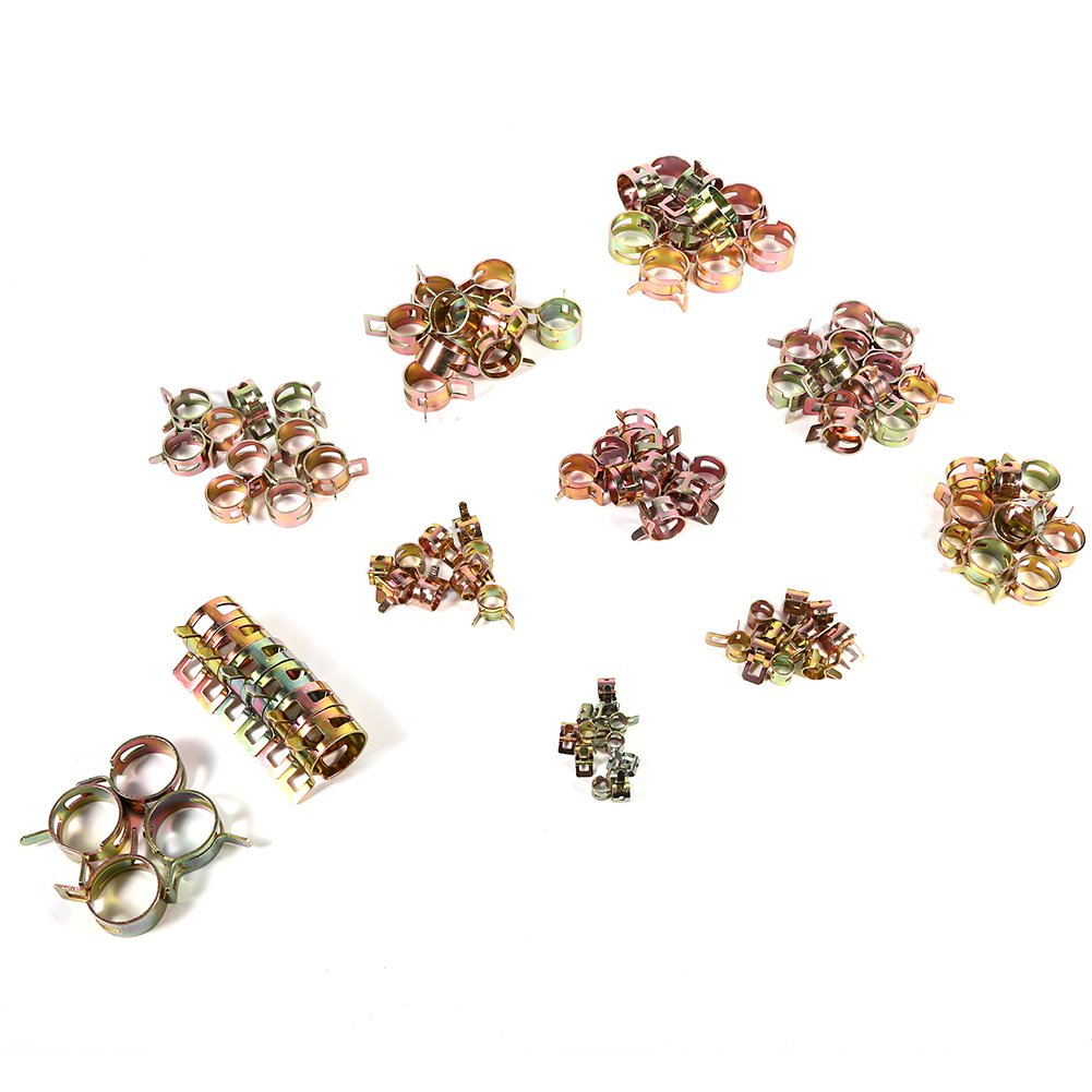 Aramox 100-Piece Spring Clip Assortment - 10 Sizes for Fuel, Oil, Water Hose & Pipe Clamping - Durable Tube Fasteners for Automotive, Plumbing & DIY Projects
