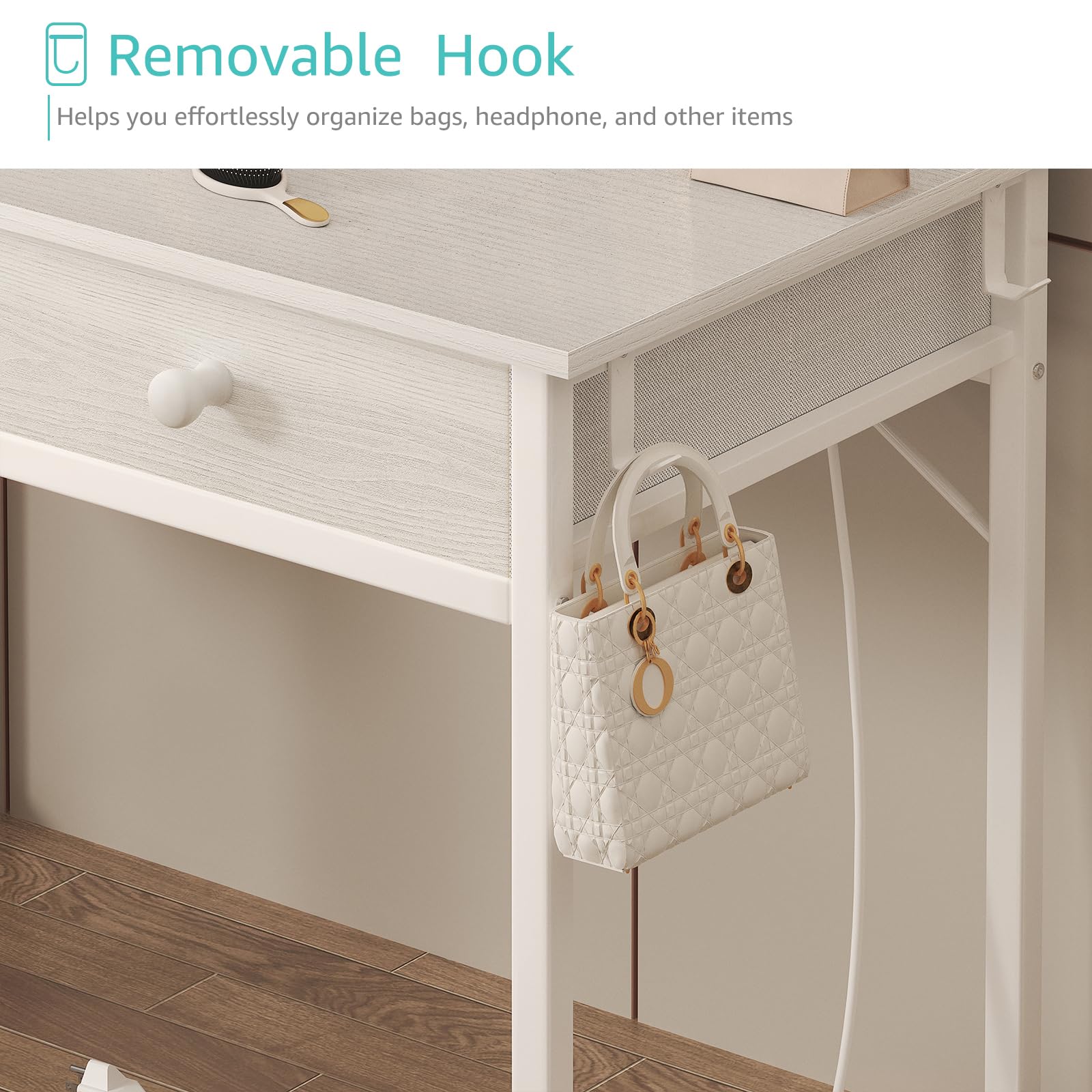 Modern White Makeup Vanity Desk Set with Fabric Drawers & Power Outlet - Small Dressing Table with Matching Chair for Girls Bedroom - Perfect for Beauty Routine, Cosmetics Storage & Bedroom Decor