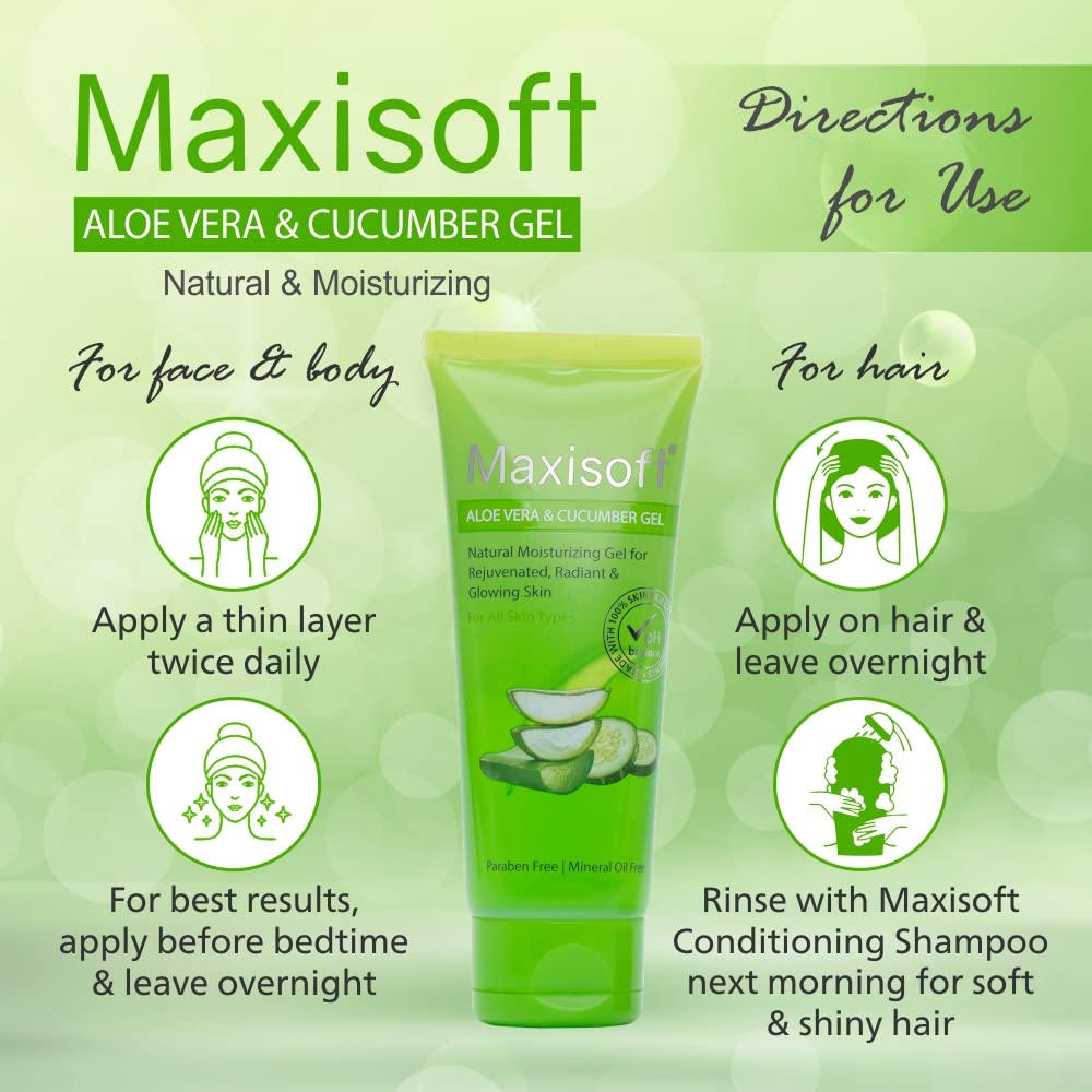 Maxisoft Aloe Vera & Cucumber Gel for Face & Body - Cooling Moisturizer to Soothe Dry, Irritated Skin - Lightweight Non-Sticky Formula for Daily Skincare & Haircare - 120g (Pack of 1) | Perfect for Sunburn Relief, After-Sun Care & Summer Hydration