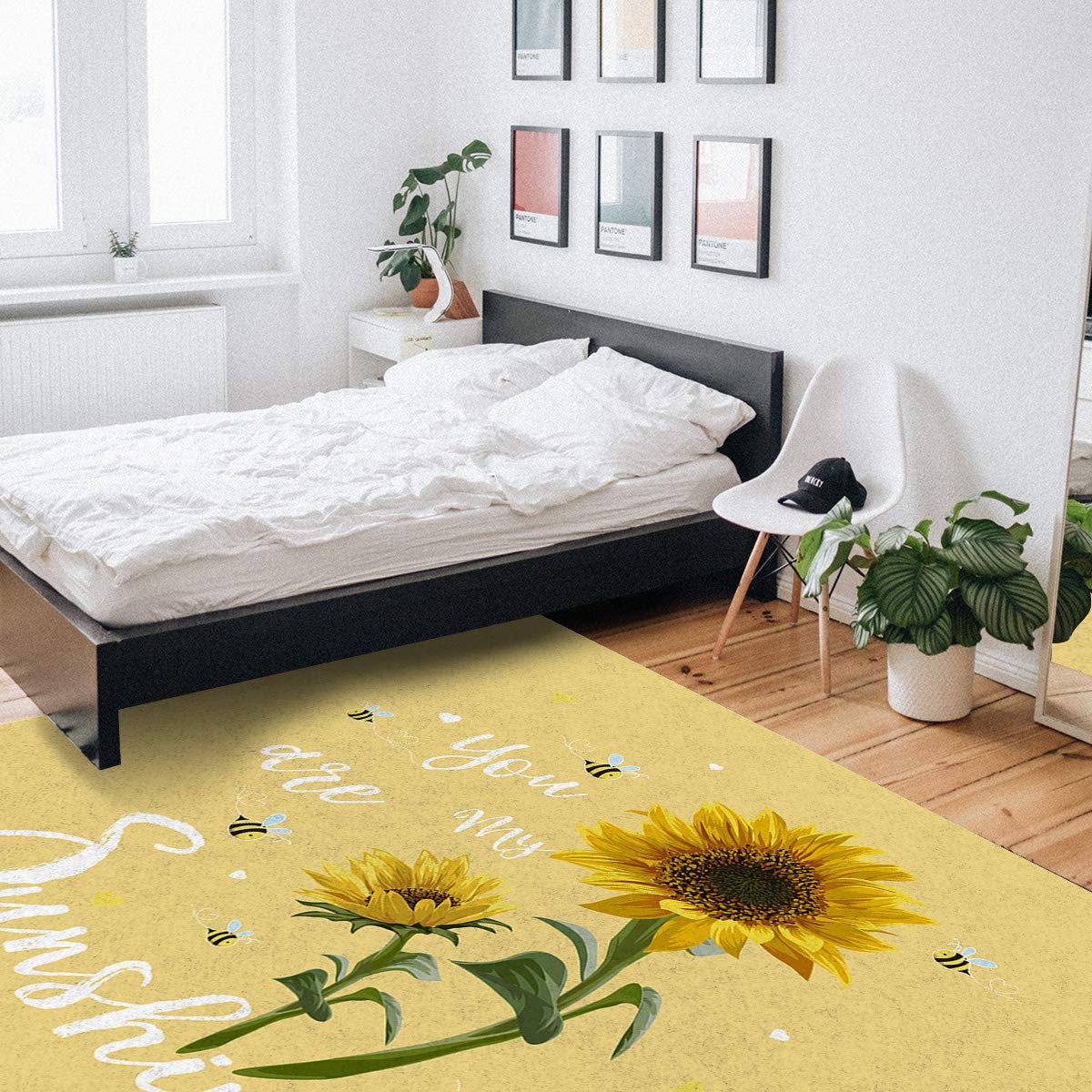 Non-Slip 2.7' x 5' Farmhouse Sunflower Bee Area Rug - Yellow Modern Throw Carpet for Living Room, Bedroom, Nursery - Cozy Home Decor & Perfect for Farmhouse, Boho or Country Style Interiors