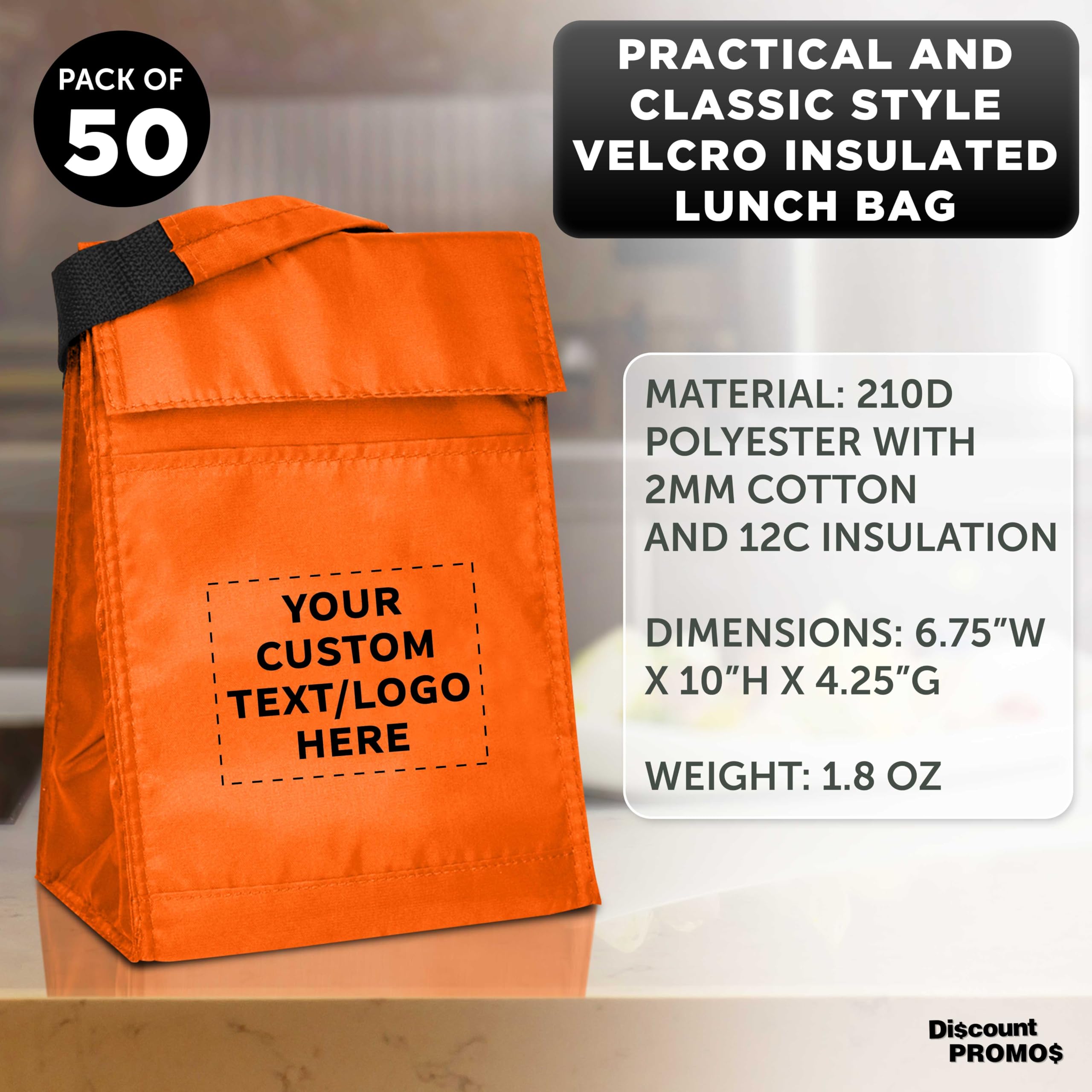 50-Pack Insulated Lunch Bags with Hook & Loop Closure - Custom Text & Logo Printing - Durable Polyester, Vibrant Orange - Perfect for School, Office & Picnics - Reusable & Eco-Friendly