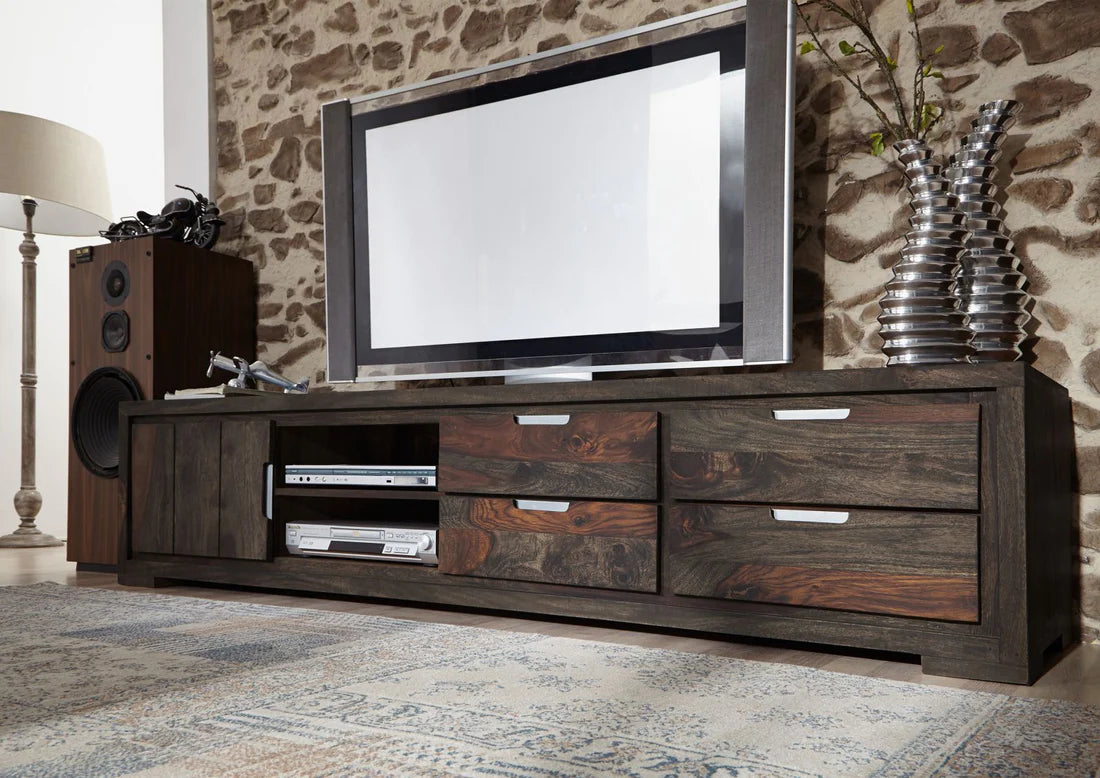 Gfine Solid Sheesham Wood TV Stand with Single Door & 4 Drawers - 172x40x48Cm Modern Entertainment Center for Living Room, Bedroom & Home Theater