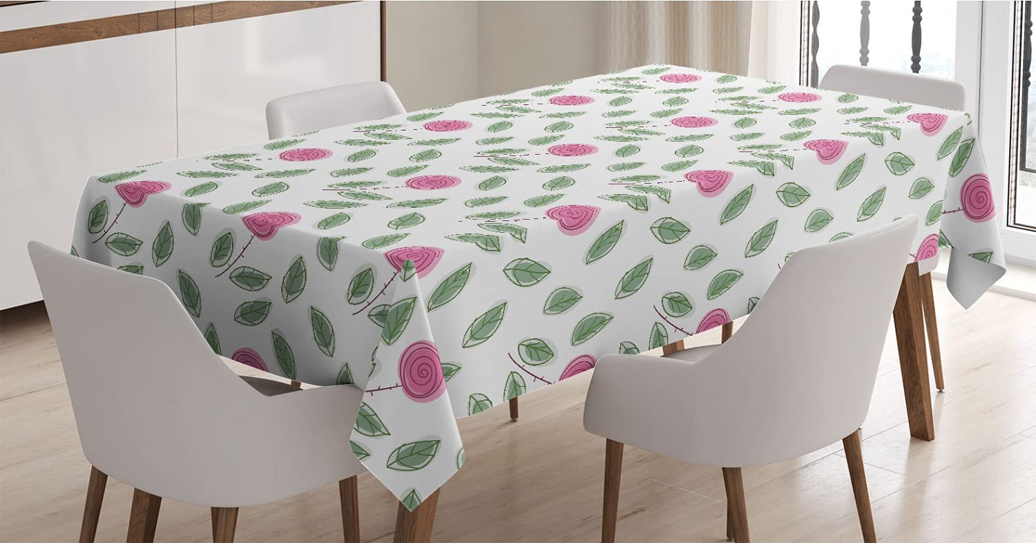 Ambesonne Rose Tablecloth - Modern Pink Rose Blossoms with Spiral Designs & Green Leaves, 60x90 Inch Rectangle Satin Dining Table Cover for Kitchen & Dining Room Decor - Perfect for Dinner Parties, Holiday Gatherings & Home Decor