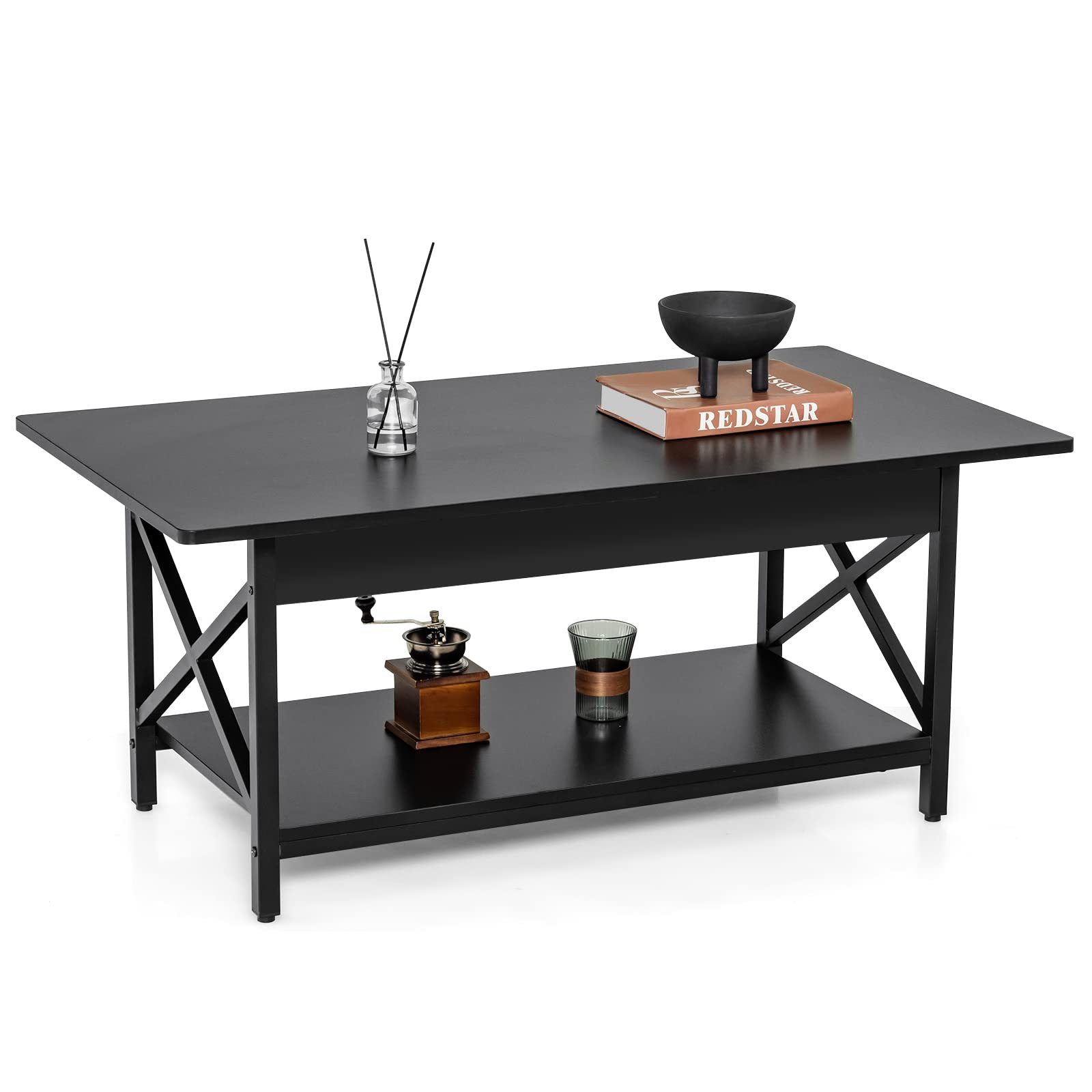COSTWAY 2-Tier Industrial Coffee Table with Storage Shelf - X-Shape Steel Frame & Wood Top - Rectangle Sofa Side Table for Living Room, Home Office - Black | Perfect for Small Spaces, Coffee Shops & Modern Home Decor