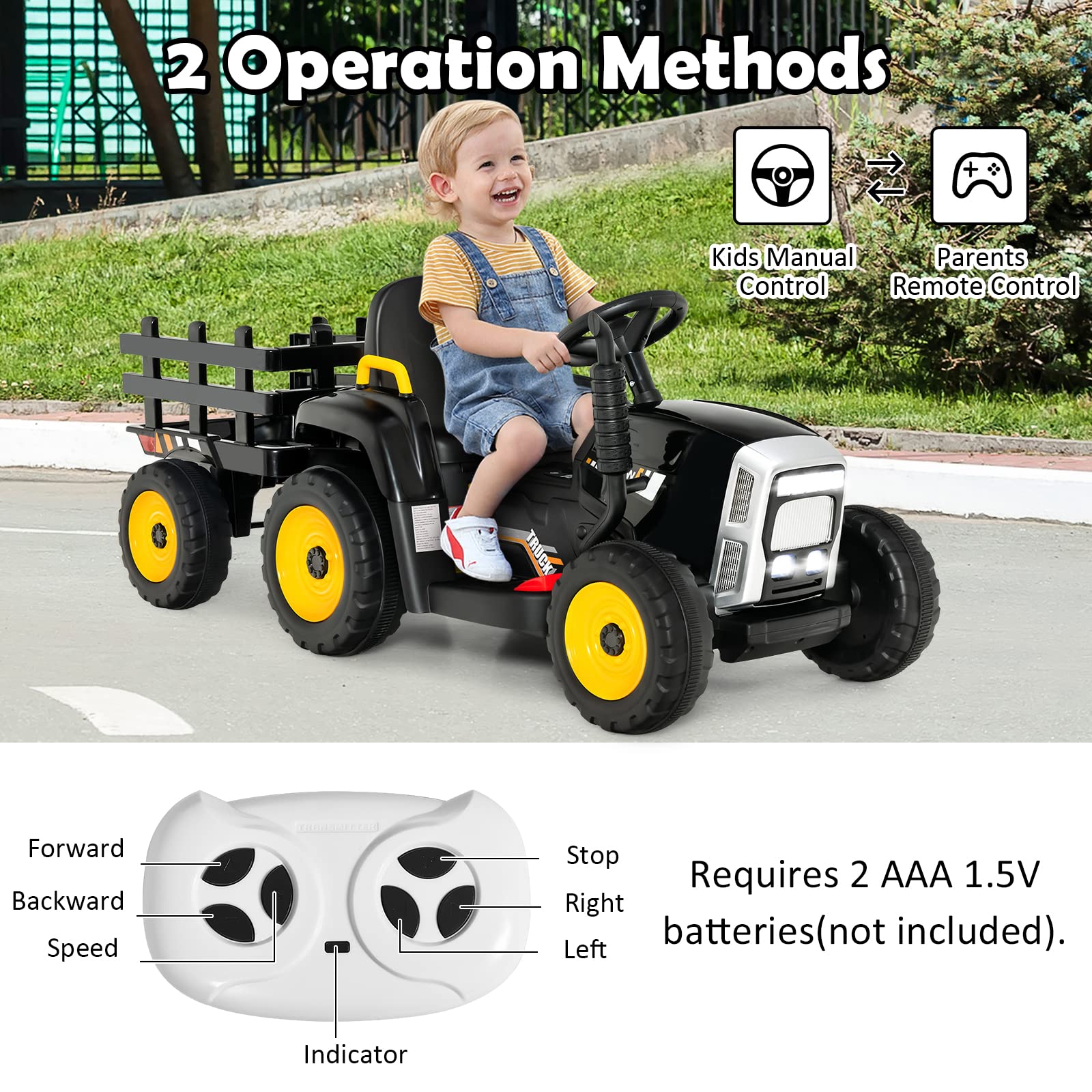 **HONEY JOY 12V Kids Electric Ride-On Tractor with Trailer - 3-Speed Gear Shift, LED Lights, Horn & Music - Battery-Powered Remote Control Toy Car for Boys & Girls (Black) - Perfect for Outdoor Play & Farm-Themed Adventures**