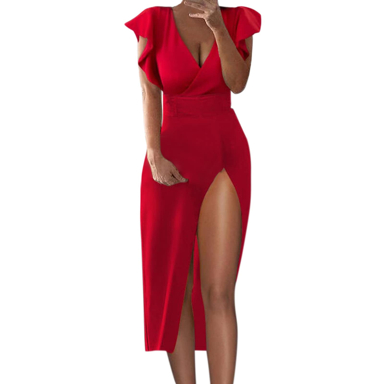 Women's Retro V-Neck Slit Long Dress - Mid Waist Pullover Party Dress for Summer | Small Fresh Style, Elegant & Sexy | Perfect for Cocktail Parties, Date Nights & Special Occasions