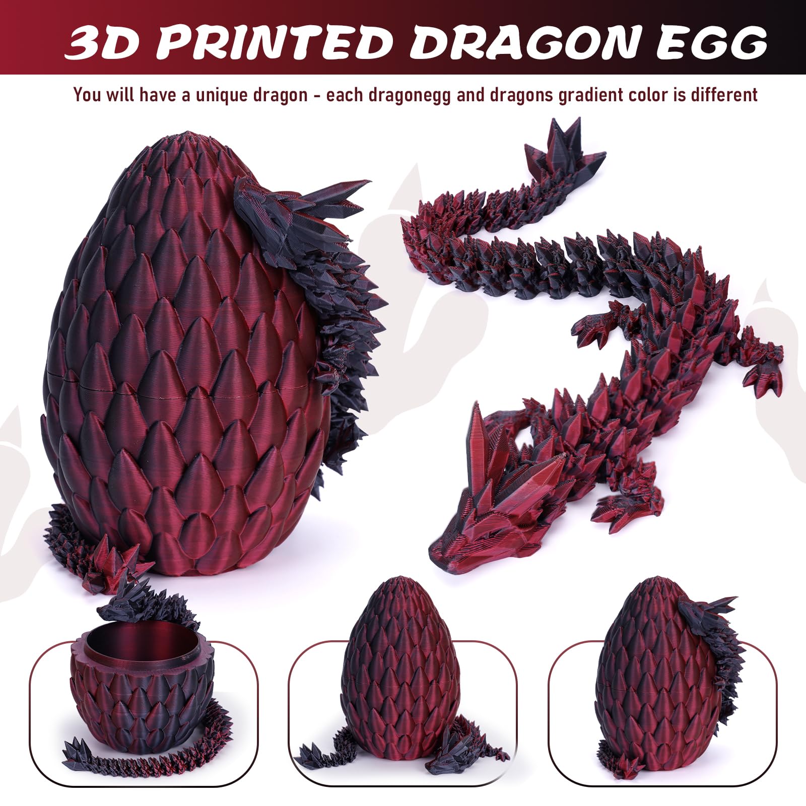 3D Printed Dragon in Egg - Articulated Fidget Toy for Adults, Desk Decor - Red & Black for Stress Relief & Office Fun