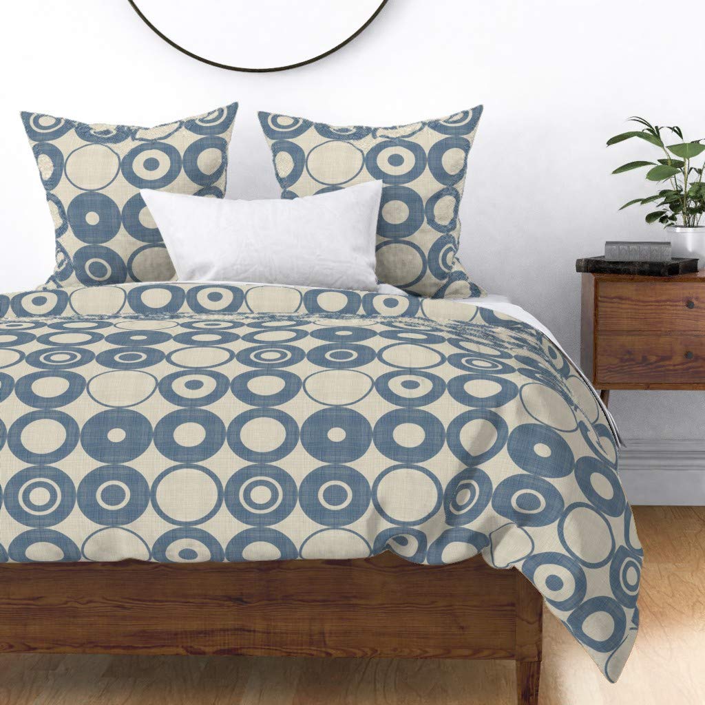Spoonflower Cotton Sateen Duvet Cover King/California King - Blue Orbs Navy Circle Vintage Geometric Abstract Modern Cream Farmhouse Monochrome Print Custom Bedding | Luxury Soft Bedding for Master Bedroom, Guest Room & Vacation Homes
