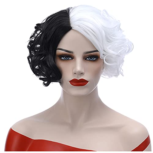 PATTNIUM Fashion Short Curly Synthetic Wig for Women - Heat Resistant Natural Wavy Rose Net Hair - Halloween Cosplay Party Costume & Daily Wear (Black/White) - Perfect for Costume Parties, Themed Events and Everyday Styling